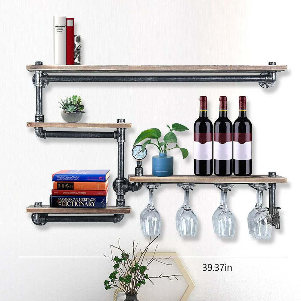 4-Tier Wall Mounted Wine Rack - 39.37in Rustic Industrial Wine Holder with 4 Stem Glass Hangers | Space-Saving Wine Storage Shelf for Home Bar, Kitchen, Dining Room & Entertainment Areas
