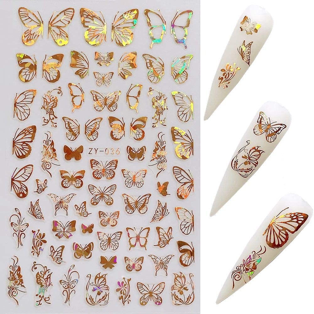 3D Luxury Butterfly Nail Art Stickers - Gold Laser Design Nail Decals for Acrylic Nails (8 Sheets) | DIY Manicure, Nail Salon Supplies, Party & Wedding Nail Art Accessories