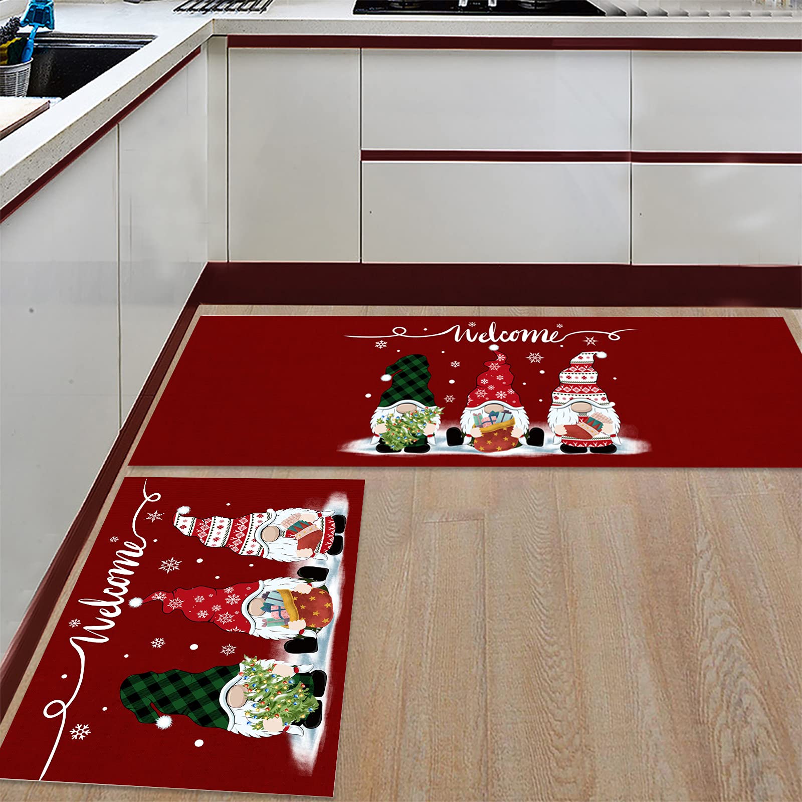 Christmas 2-Piece Non-Slip Kitchen Rug Set - Holiday Welcome Gnome Design, Thick Anti-Fatigue Floor Mats with Runner for Winter Decor | Perfect for Cozy Kitchens, Holiday Entertaining & Festive Home Decor