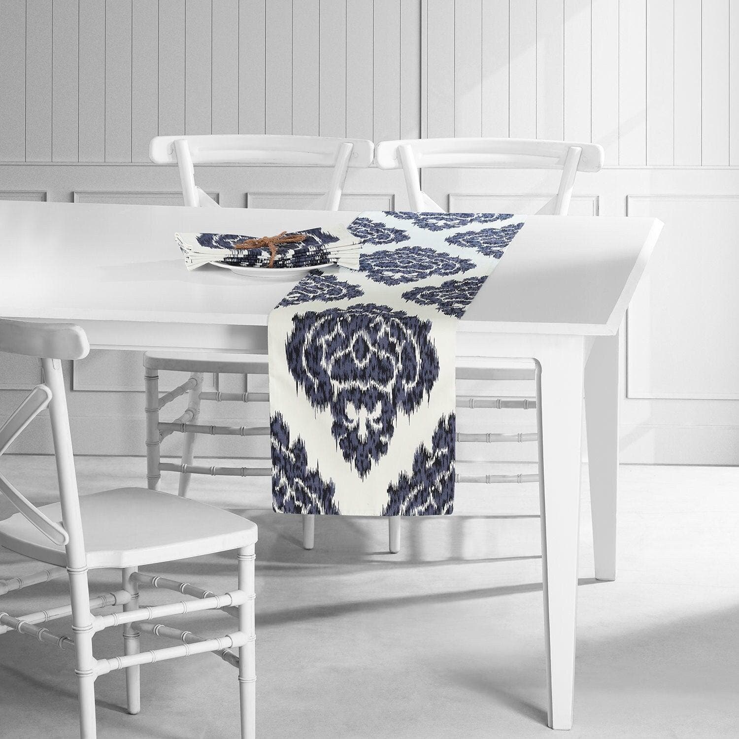 Blue Ikat Damask Printed Cotton Table Runner and Placemats Set - Elegant Dining Table Decor for Weddings, Parties, and Home Decor
