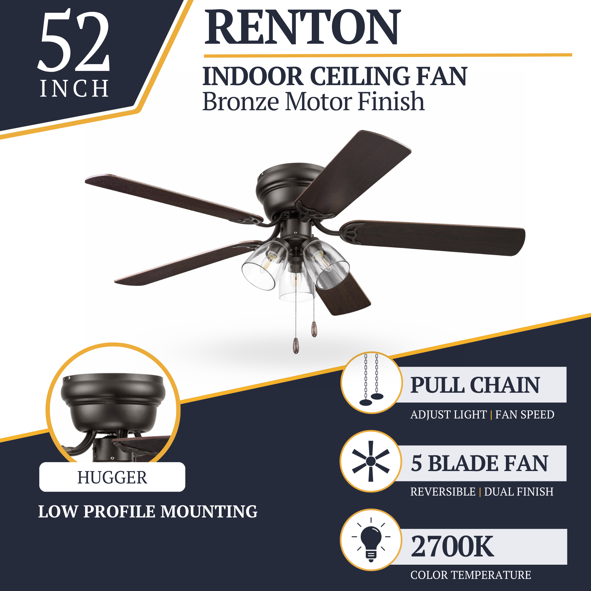 52 Inch Renton Ceiling Fan with Espresso Bronze Finish & Pull Chain - Perfect for Living Room, Bedroom, and Outdoor Patio Cooling