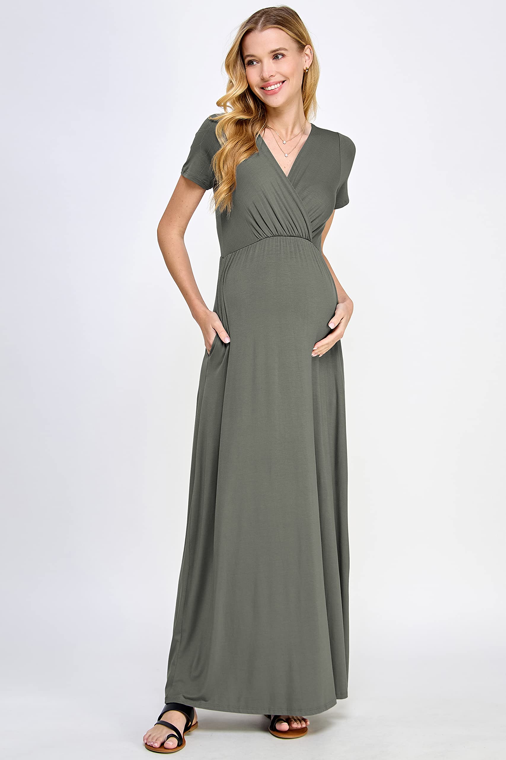 LaClef Women's Maternity Maxi Dress with Side Pockets - Flowy Pregnancy Dress for Baby Shower, Maternity Photoshoot, Beach Vacation & Everyday Comfort