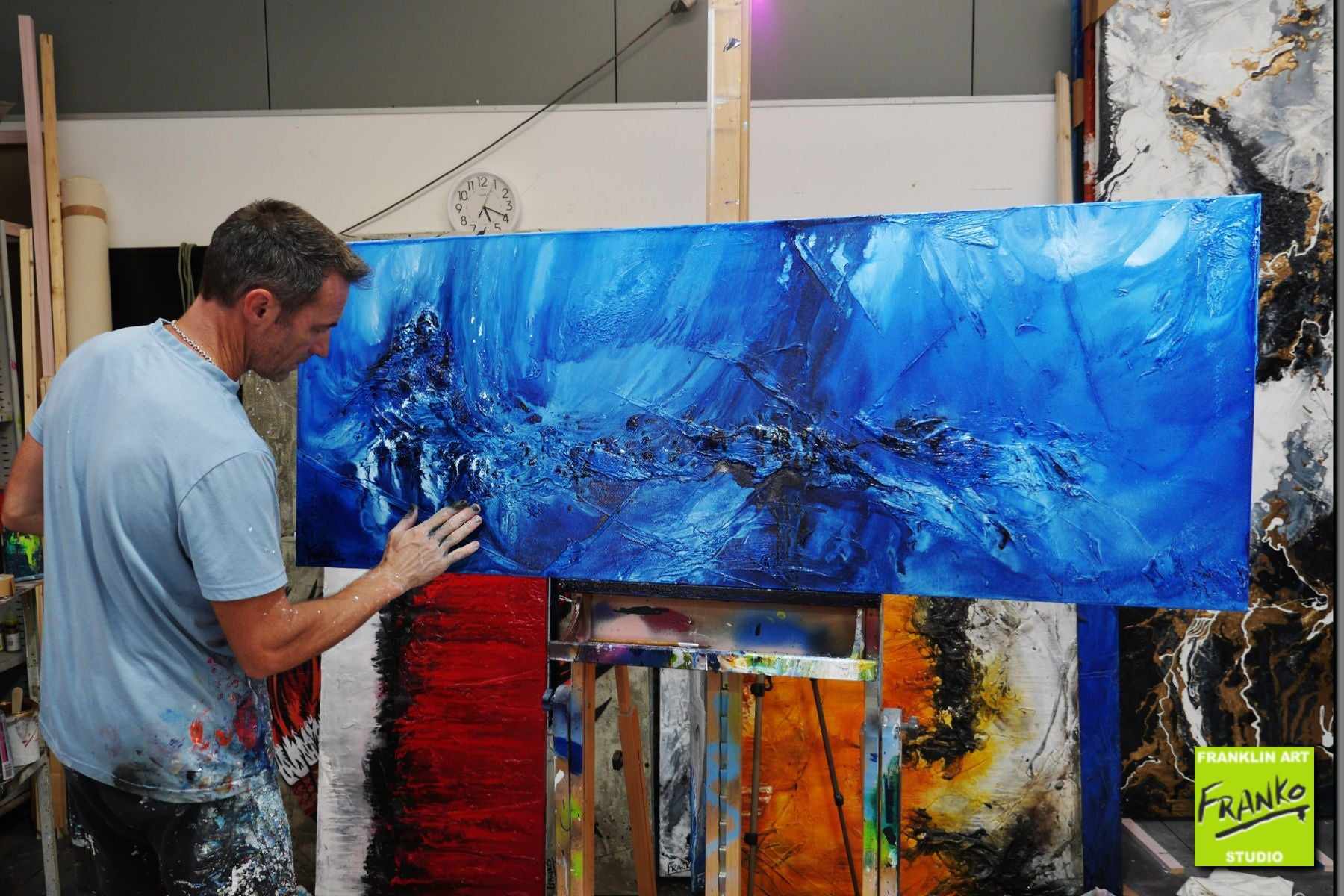 Blue Textured Abstract Painting - 160cm x 60cm Modern Wall Art for Living Room, Bedroom & Office Decor | Handmade Canvas Artwork