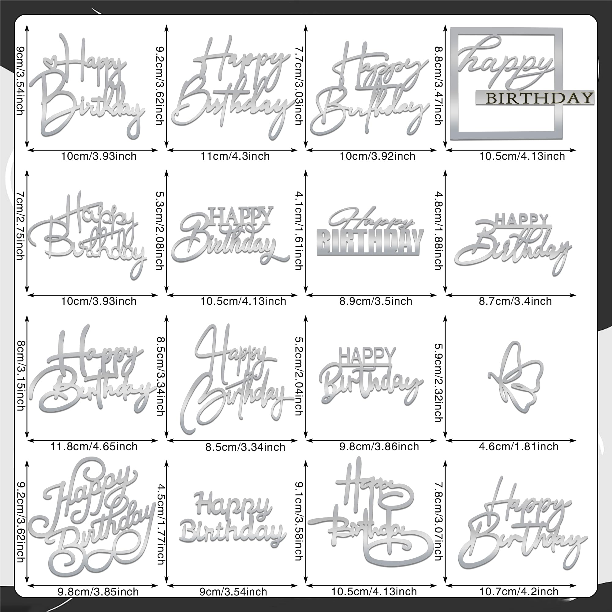 15 PCS Silver Happy Birthday Cake Toppers - Mirror Acrylic Cake Decorations for Birthday Party, Wedding, Anniversary - Cupcake Toppers & Cake Inserts (15 Styles) - Perfect for Desserts, Cakes, and Special Celebrations