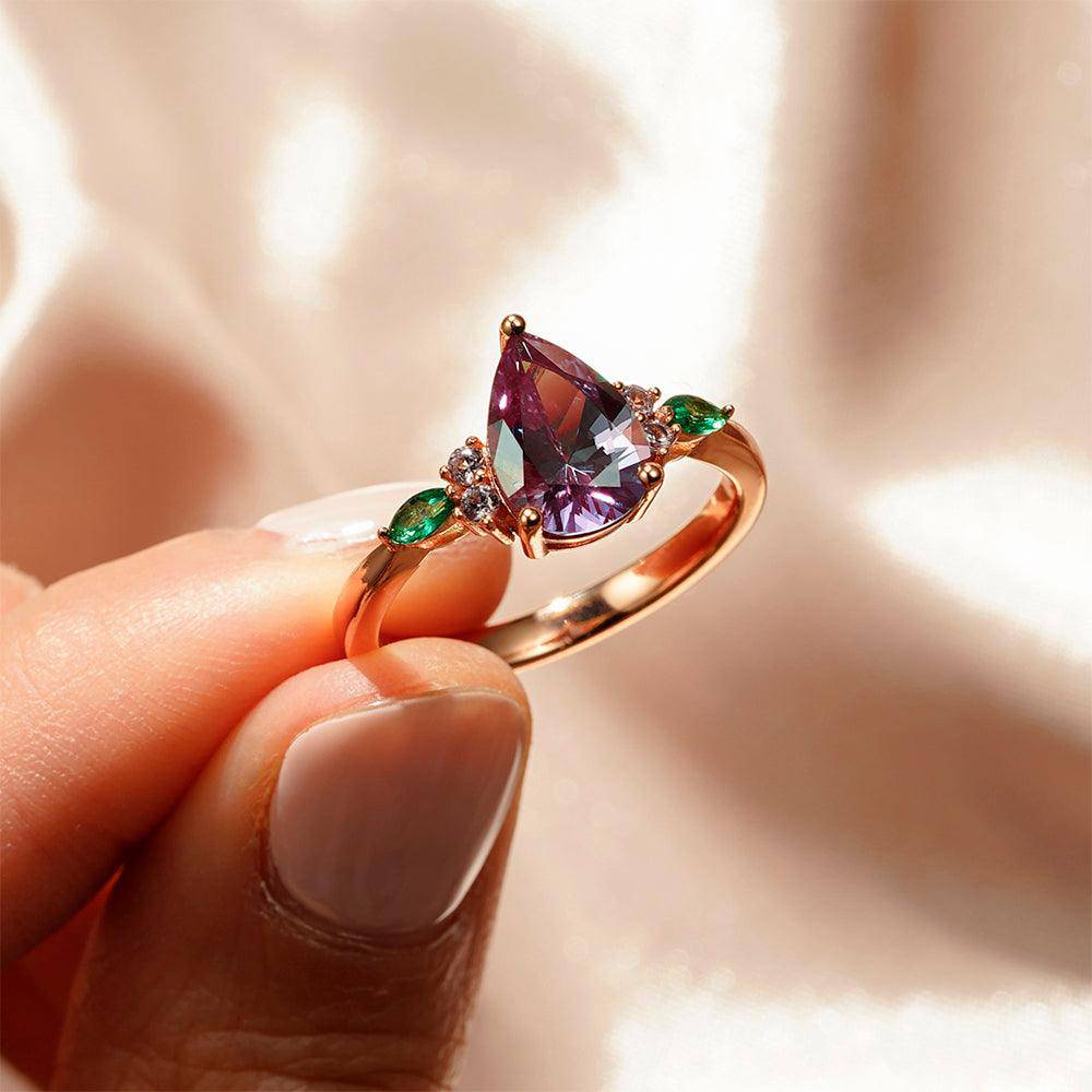 1.5 Carat Pear-Shaped Alexandrite Engagement Ring with Emerald Accents - Perfect for Proposals, Anniversaries & Special Occasions