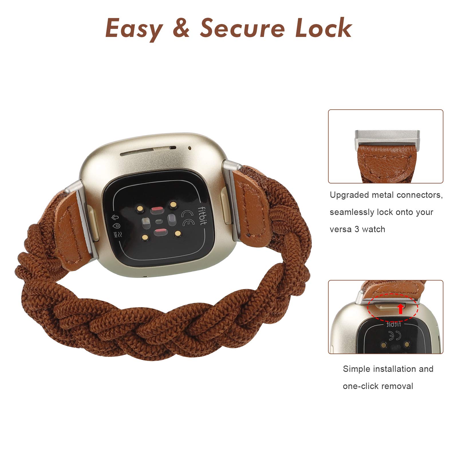 Elastic Braided Solo Loop Strap for Fitbit Sense/Versa 3/Sense 2/Versa 4 - Slim Stretchy Woven Wristband Accessory for Women (Brown) - Perfect for Workouts, Running & Everyday Wear