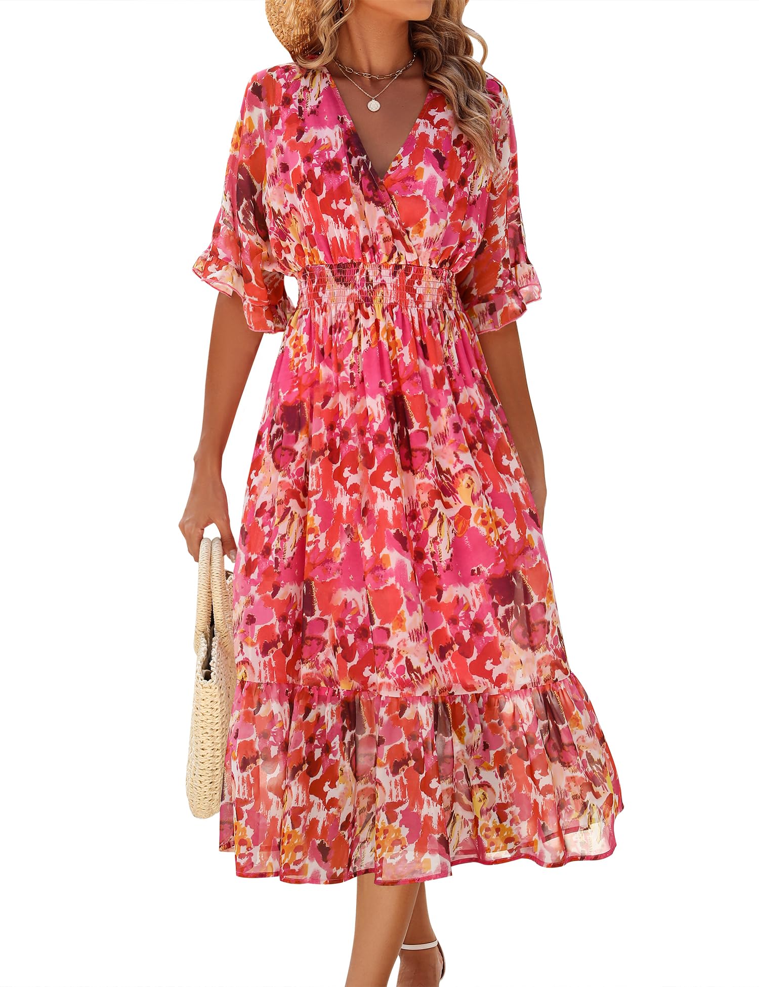 Floral Midi Dress for Women 2025 - A-Line Chiffon Boho Summer Dress with Short Sleeves | Perfect for Beach Vacations, Garden Parties & Casual Outings