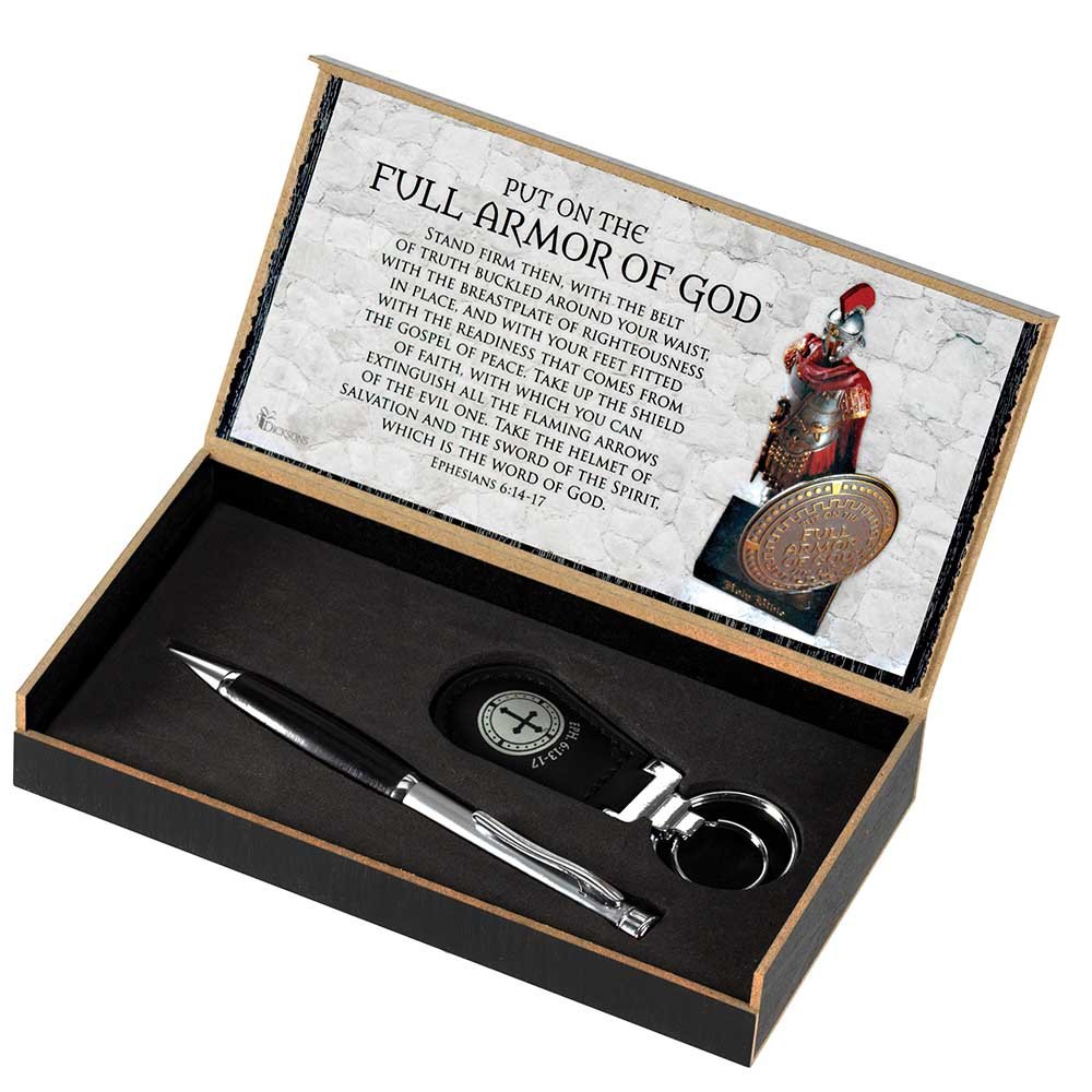 Christian Gift Set - Dicksons Full Armor of God Inspirational 3-Piece Box Set (1 Presentation Box, 1 Black Grip Retractable Ballpoint Pen with Black Ink, 1 Key Ring) - Perfect for Baptism, Confirmation & Bible Study Gifts