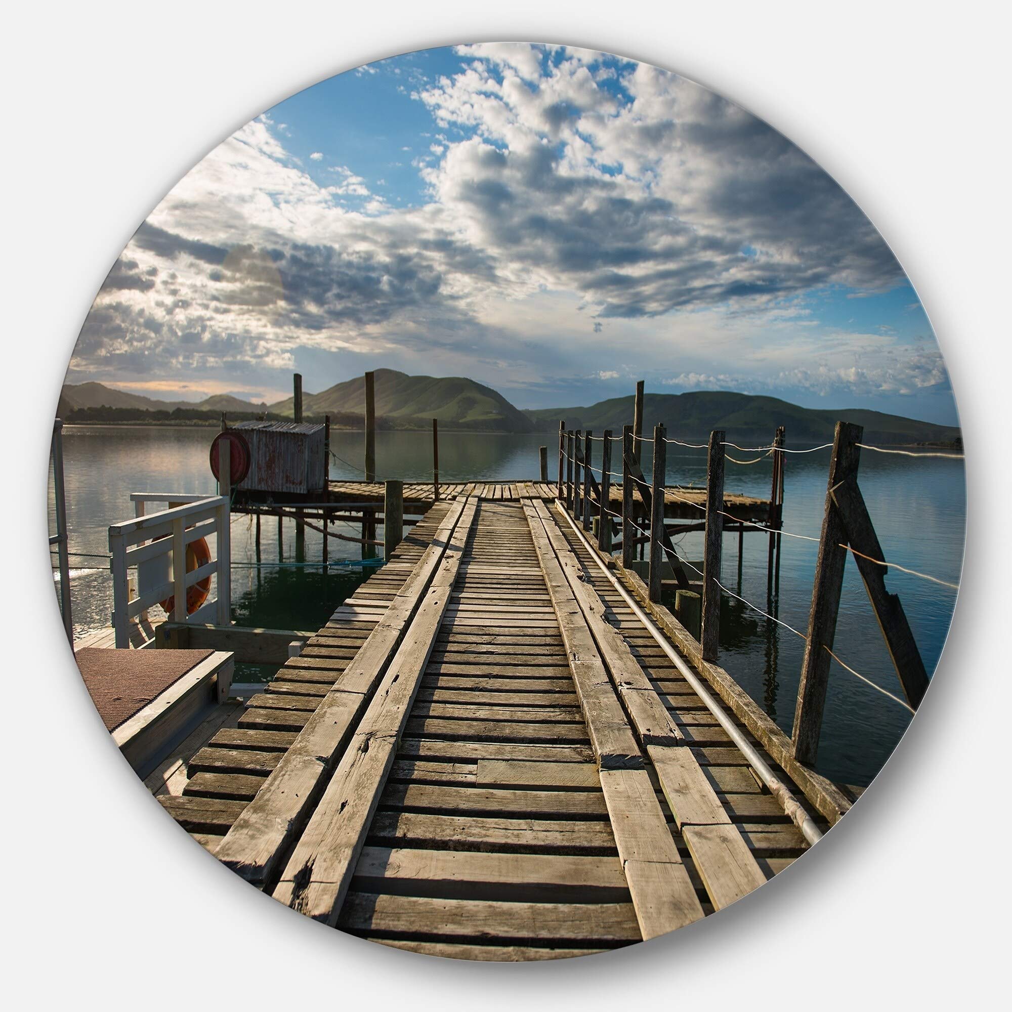 Designart 'Wooden Bridge in New Zealand' Coastal Landscape Round Metal Wall Art Decor - 29 Inch Diameter Rustic Home & Office Decoration for Living Room, Bedroom or Patio