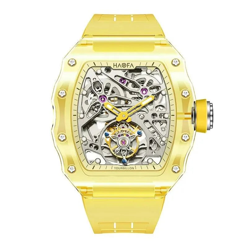 Haofa Luxury Men's Flying Tourbillon Watch - Crystal Clear Transparent Skeleton Design, Waterproof, Luminous, Automatic Mechanical Movement (Model 2201) - Perfect for Business, Formal Events & Luxury Gift Giving