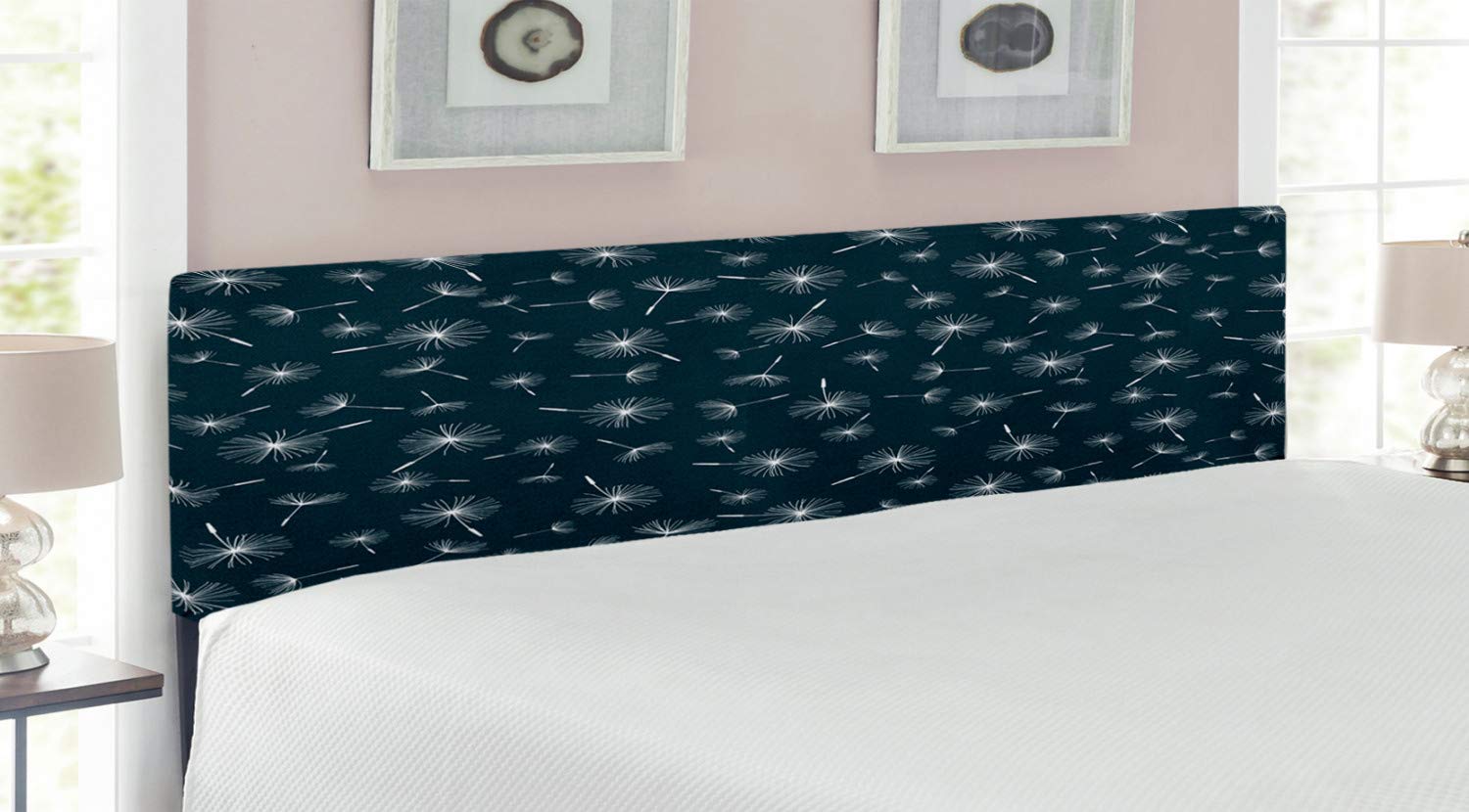 Ambesonne King Size Upholstered Headboard with Memory Foam - Abstract Dandelion Floral Design in Indigo White | Decorative Metal Bed Frame Headboard for Master Bedroom, Guest Room & Home Decor