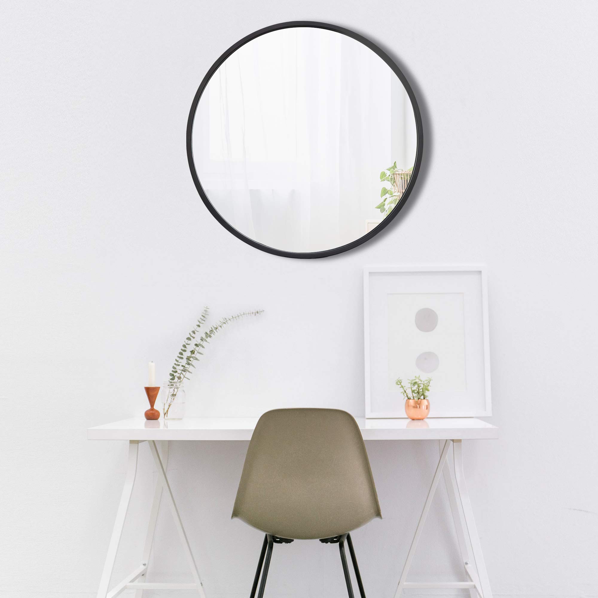 18 Inch Round Wall Mirror with Black Rubber Frame - Large Circle Vanity Mirror for Hallway, Entryway, Bedroom & Bathroom Decor | Perfect for Home, Office or Salon Use