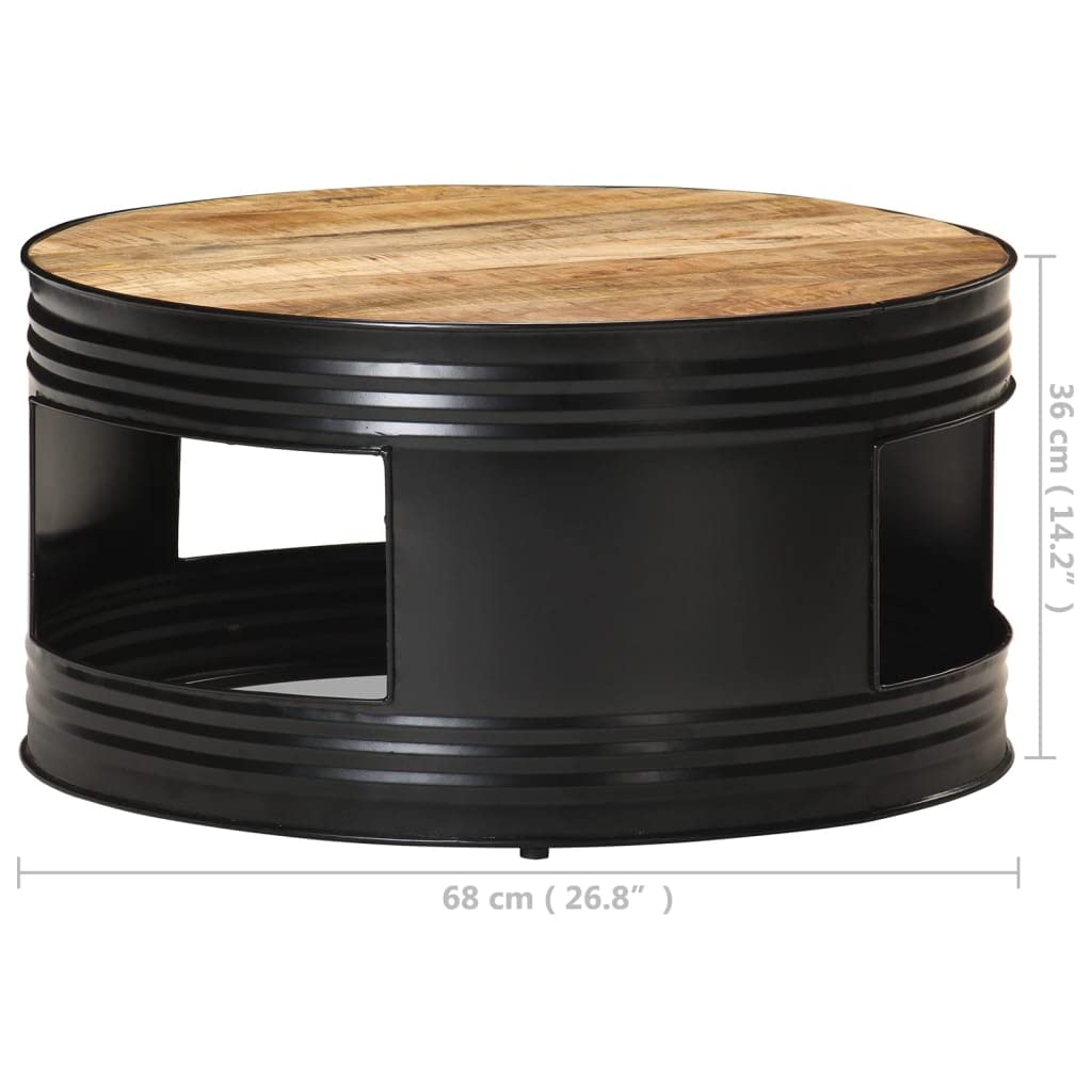 26.8 Inch Round Coffee Table - Solid Mango Wood Cocktail Table for Living Room, Patio, Balcony & Garden - Rustic Black Finish (26.8