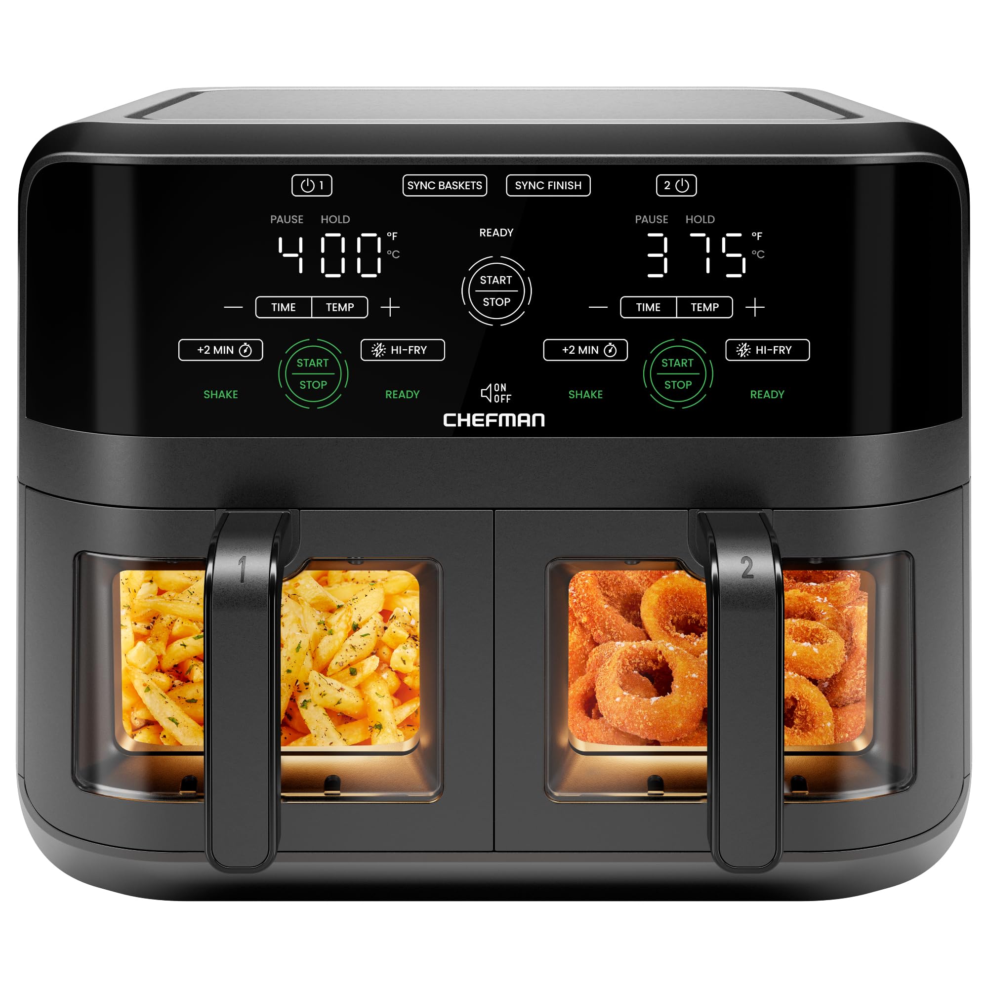CHEFMAN 6 Quart Dual Basket Air Fryer Oven with Easy View Windows & Sync Finish Technology | 2 Independent 3Qt Nonstick Dishwasher Safe Baskets | Digital Controls, Hi-Fry & Auto Shutoff | Perfect for Family Meals, Healthy Cooking & Quick Snacks - Black