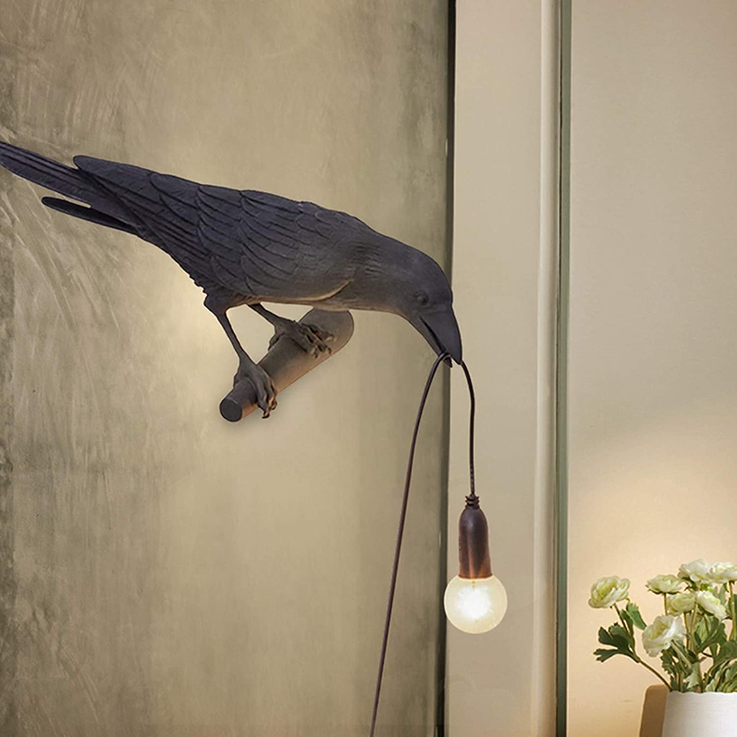 Gothic Crow Lamp - Black Raven Wall Light with Plug, Unique Resin Halloween Decor for Table, Goth, Bird & Art Home Decor - Perfect for Living Room & Bedroom (Includes 2 Bulbs) - Spooky Ambiance Lighting for Halloween Parties & Gothic Themed Rooms