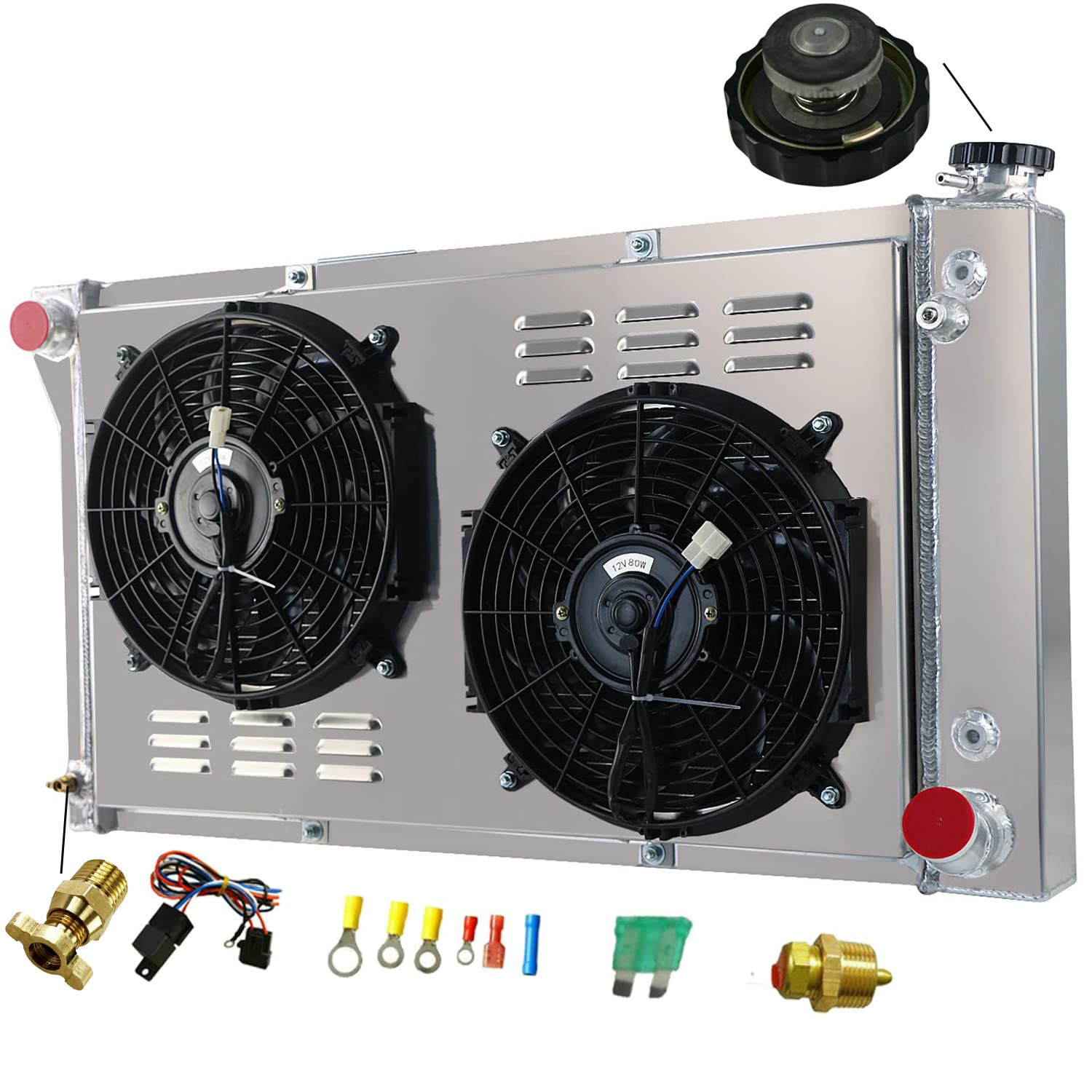 4 Row Aluminum Radiator Shroud with Fan Relay for 1967-1972 Chevy GMC C10 C20 C30 K10 K20 K25 Trucks, Blazer, Pickup, Suburban & Van - Heavy Duty Cooling Upgrade for Hot Weather & Off-Road Use