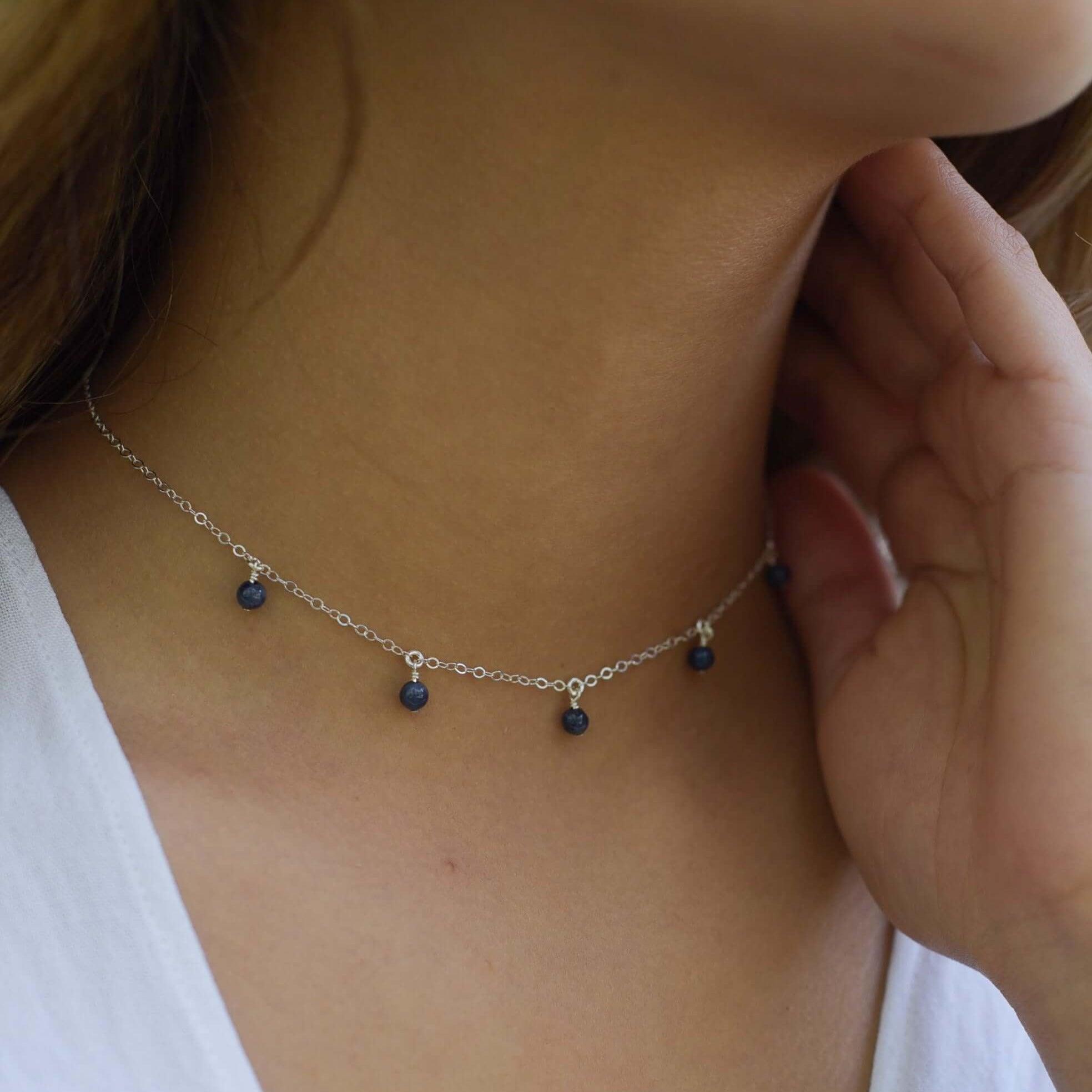 Elegant Sapphire Bead Drop Choker Necklace – Dainty Blue Gemstone Jewelry for Women | Perfect for Weddings, Parties & Date Nights