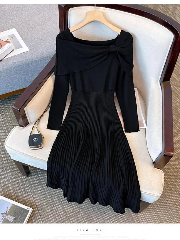 Elegant Black Long Sleeve Knit Dress for Women - Autumn Beige Bow French Fashion Slim Casual Midi Dress - Perfect for Party, Office Wear and Fall Outfits
