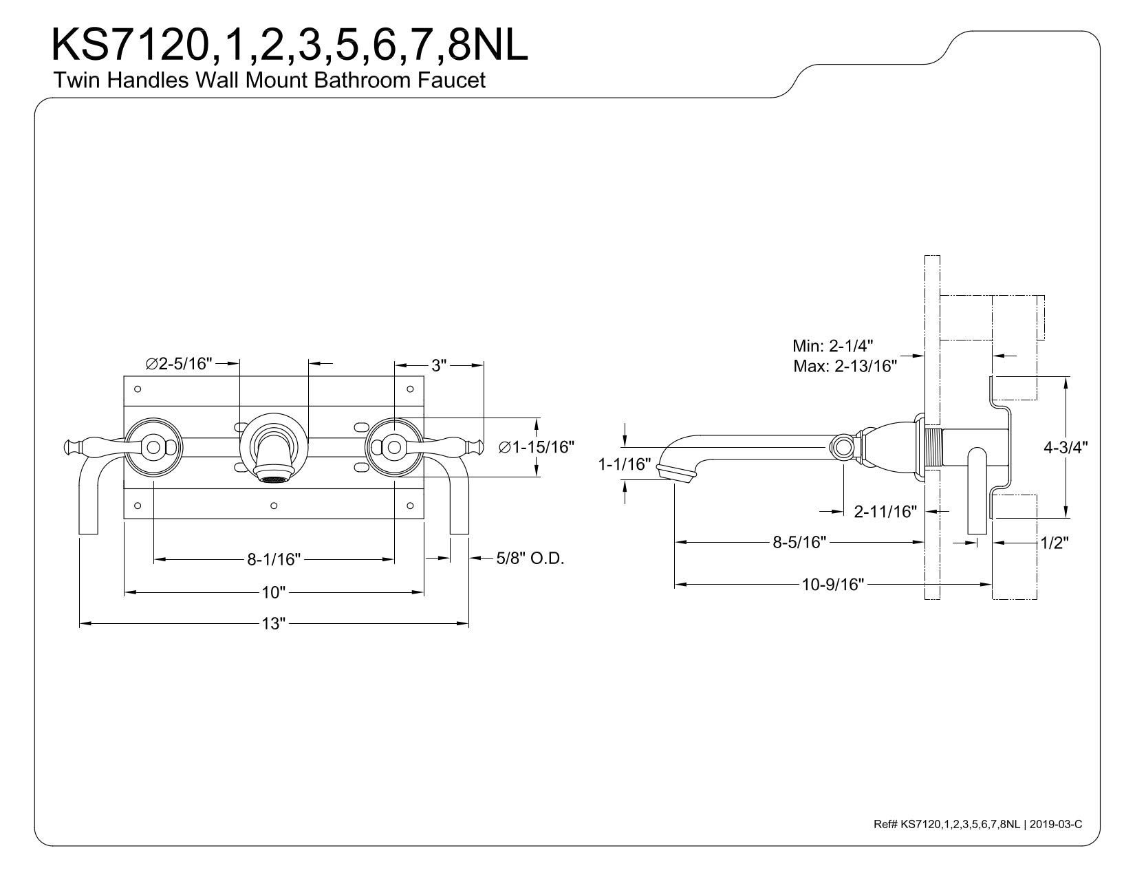 Kingston Brass KS7125NL Naples 2-Handle Wall Mount Bathroom Sink Faucet - 10-7/16