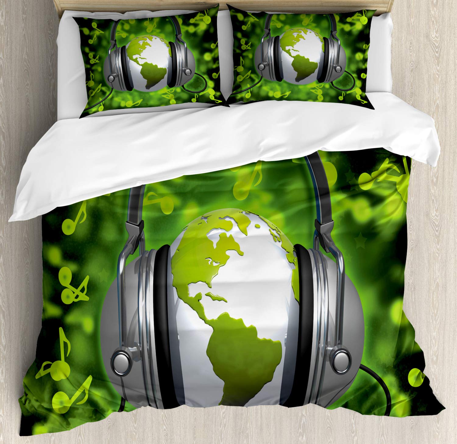 Ambesonne World Music Duvet Cover Set - DJ Headphones, Musical Notes & Globe Design, 2-Piece King Size Bedding with 4 Pillowcases in Lime Green & Grey - Perfect for Music Lovers' Bedrooms & DJ-Themed Decor