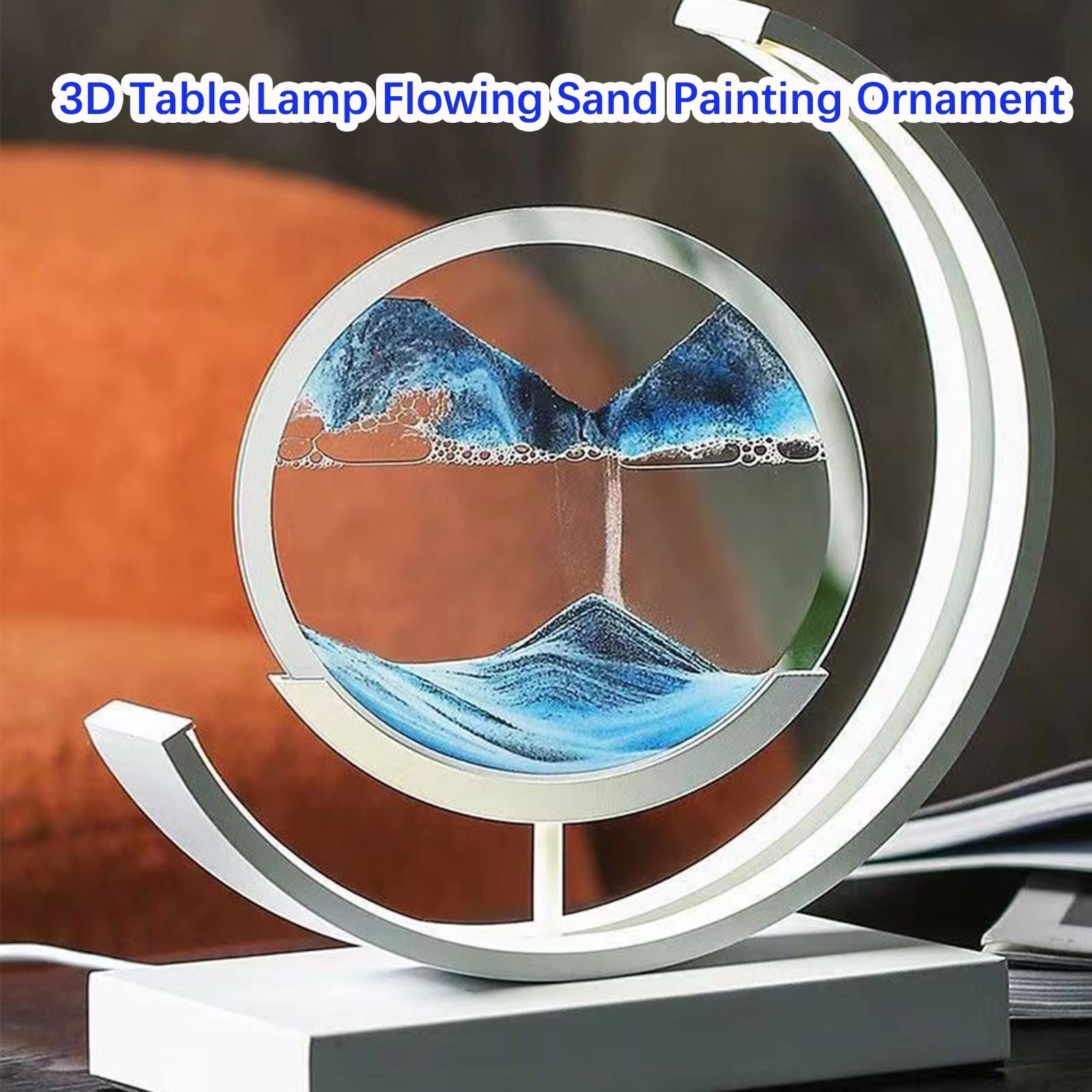 3D Quicksand LED Table Lamp - Dynamic Sand Art Night Light for Bedroom, Office & Home Decor | Blue Glass Desk Lamp (25x29cm) - Perfect for Relaxation, Meditation & Stress Relief