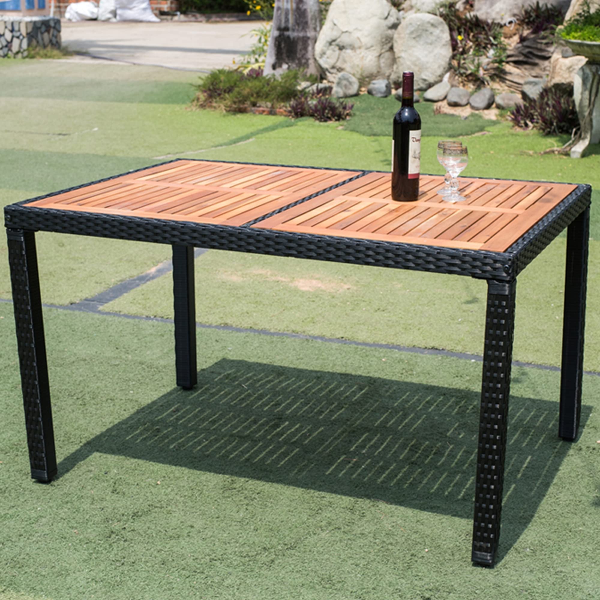 EMKK 7-Piece Patio Dining Set - Acacia Wood & Wicker Outdoor Furniture with Rectangular Table & 6 Cushioned Chairs - Perfect for Garden, Backyard, Poolside & Outdoor Entertaining