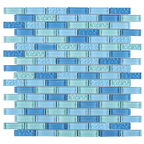 Mini Brick Mix Blue Glass Mosaic Wall Tile - 10 Sheets/Case - Waterproof Backsplash Tile for Bathroom, Kitchen, Shower, Pool & Spa - DIY Home Decor Mosaic Tiles for Walls & Countertops