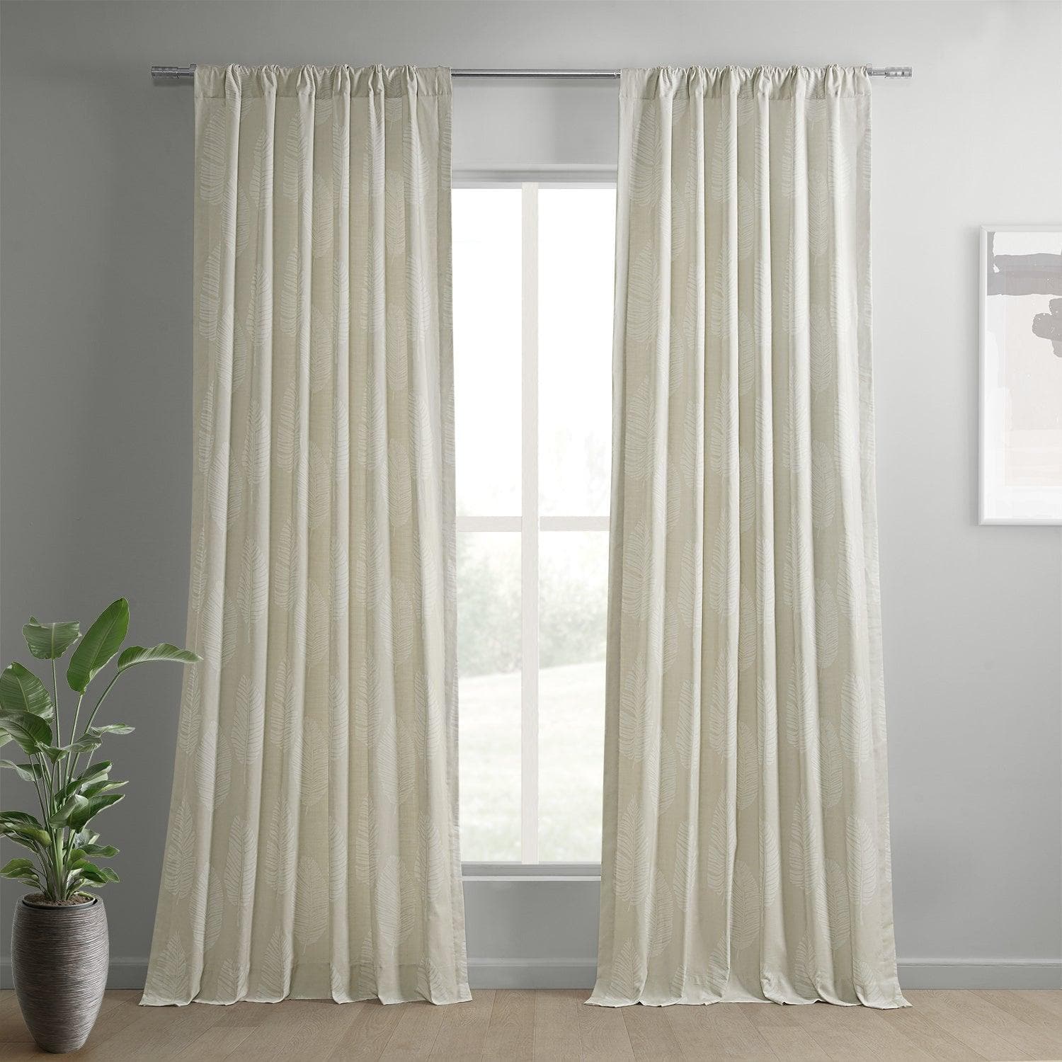 White Floral Printed Cotton Curtains - Textured Leaflet Design for Living Room & Bedroom Window Decor