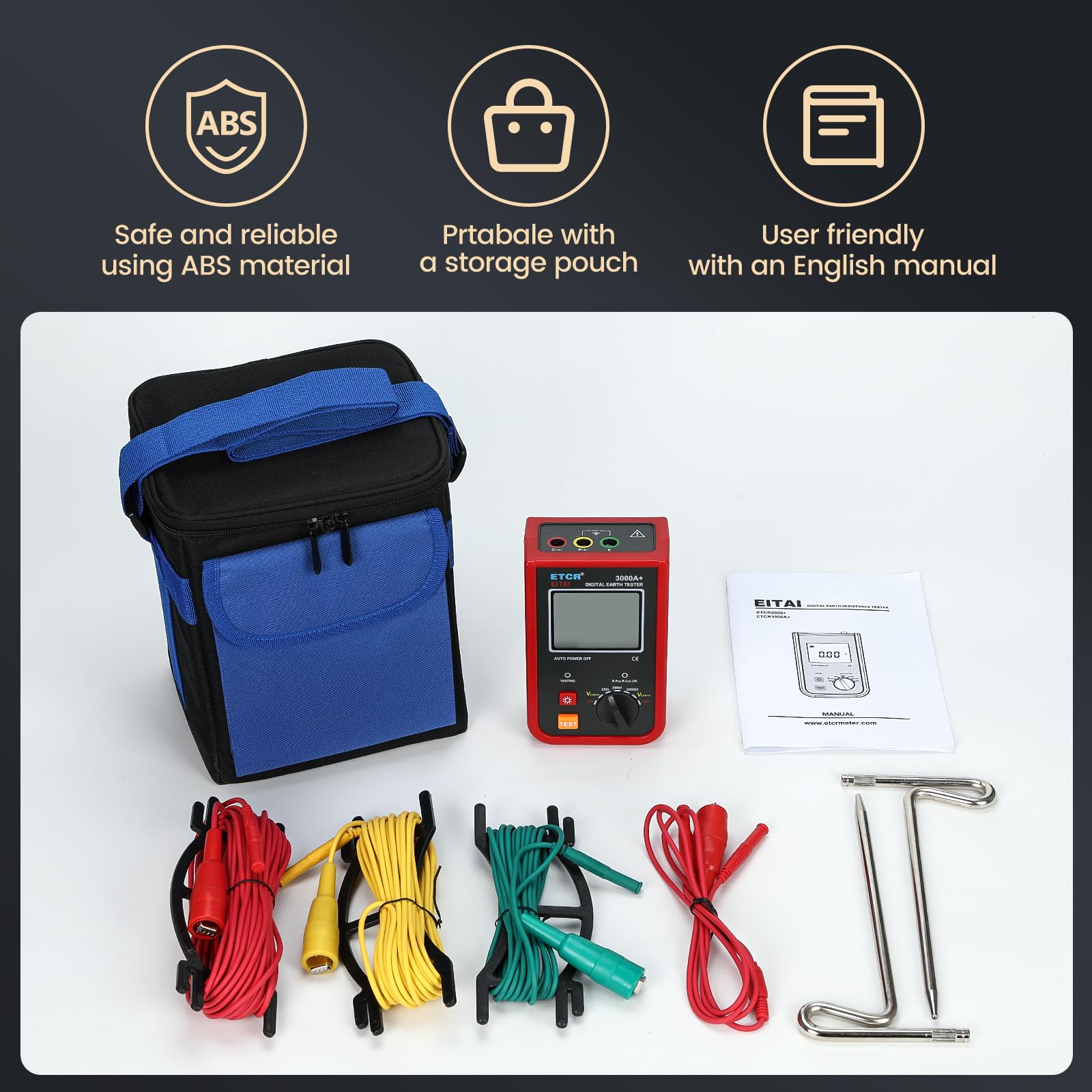 EITAI-ETCR3000A+ Digital Ground Resistance Tester 0-2kΩ, 0-200V - Professional Earth Ground Rod Resistance Meter for Electrical Safety Testing - Perfect for Electricians, Engineers & Industrial Maintenance