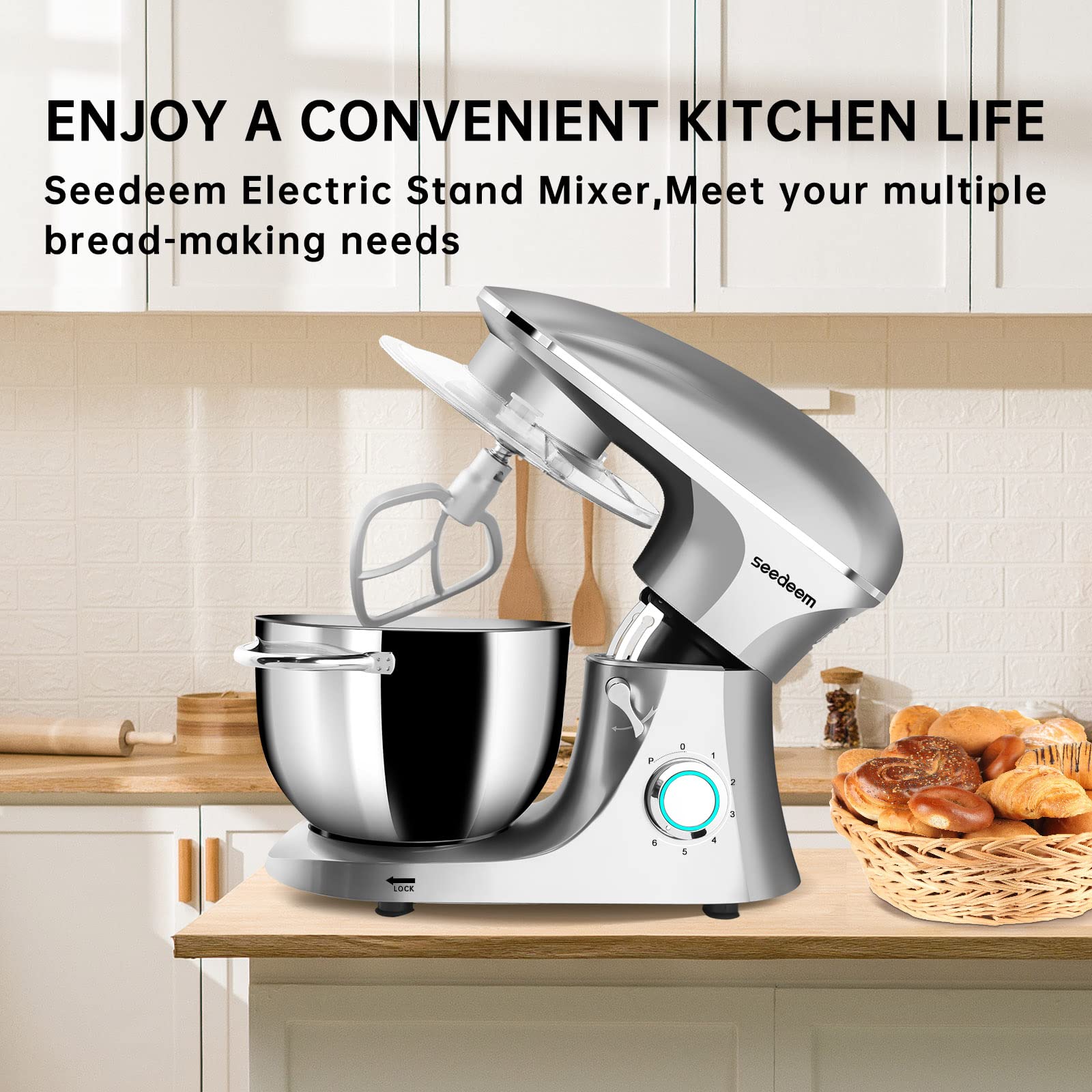 Seedeem 6Qt Stand Mixer, 660W Electric Food Mixer with Tilt-Head, 6-Speed Dough Mixer - Includes Dishwasher-Safe Dough Hook, Wire Whip & Beater - Perfect for Baking Bread, Cakes, Cookies & More (Silver)