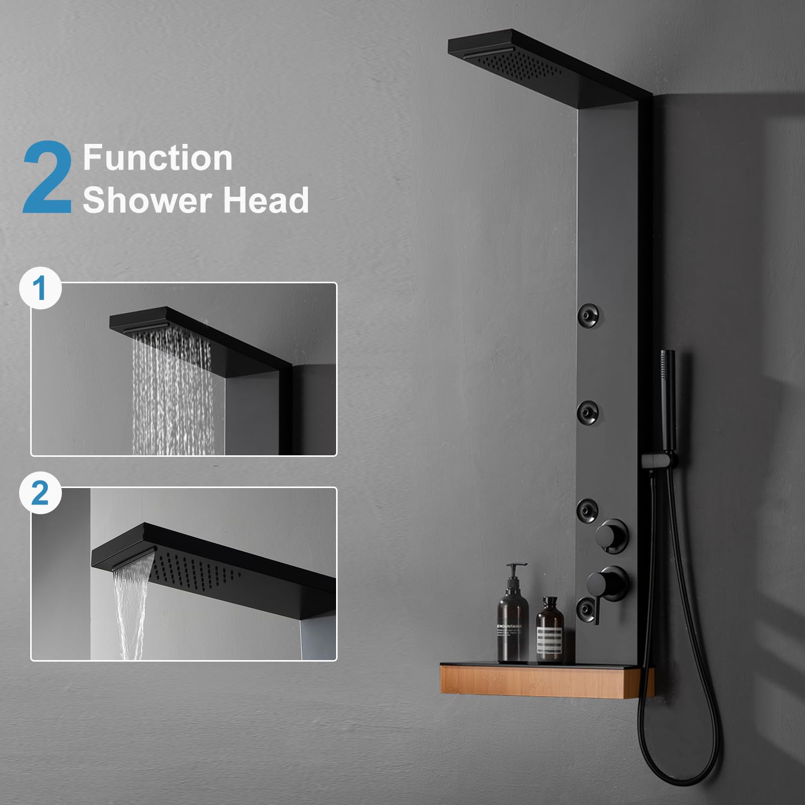 BWE 4-in-1 Stainless Steel Shower Panel Tower System with Rainfall Shower Head, Handheld Massage Spray, Body Jets & Storage Shelf - Multi-Function Bathroom Upgrade for Spa-Like Experience