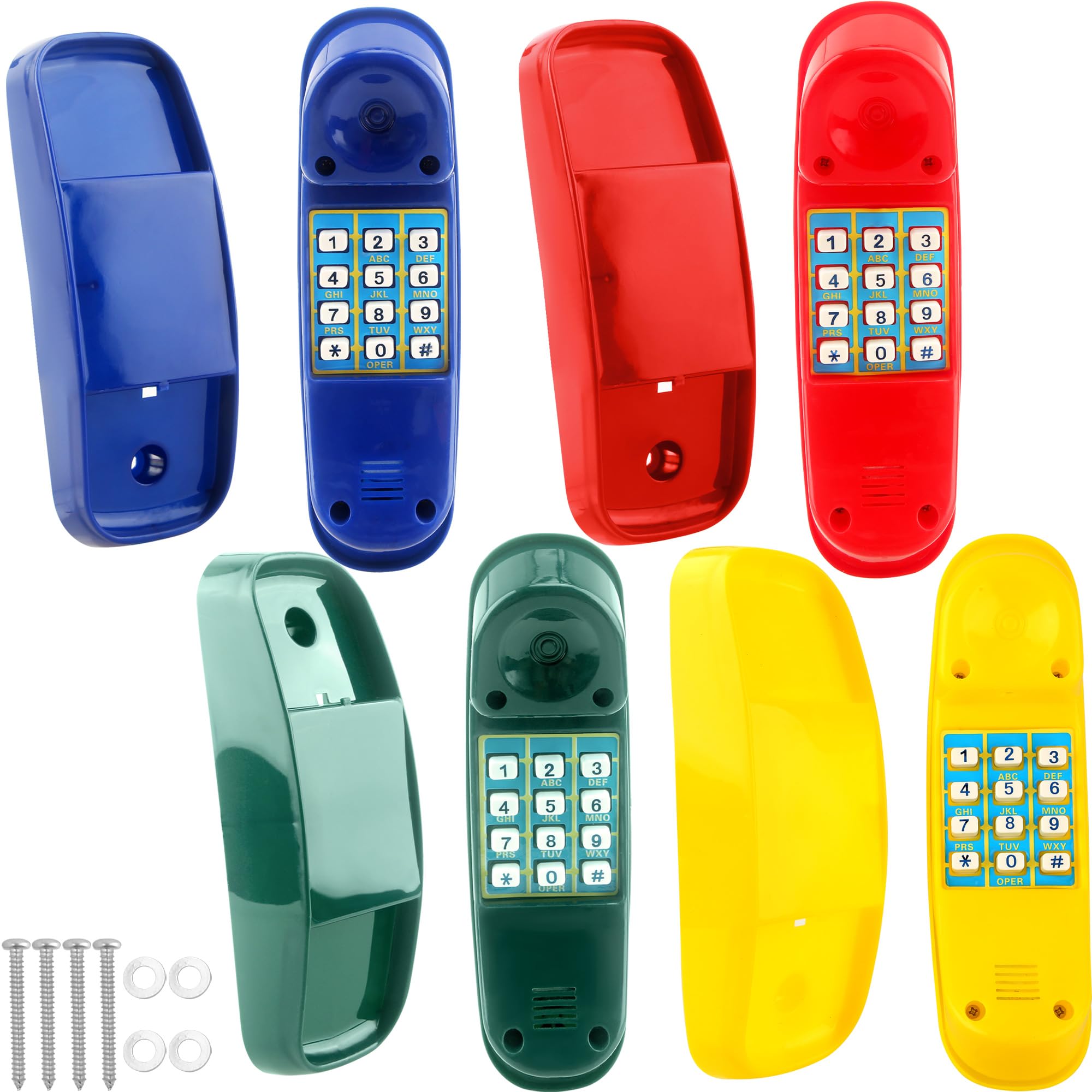 4 Pack Kids Playground Phone Toys - Colorful Plastic Pretend Telephone with Numeric Key for Toddlers - Outdoor Swing Set, Treehouse & Playhouse Accessories (Yellow, Green, Blue, Red) - Perfect for Backyard, Park & Preschool Play Areas