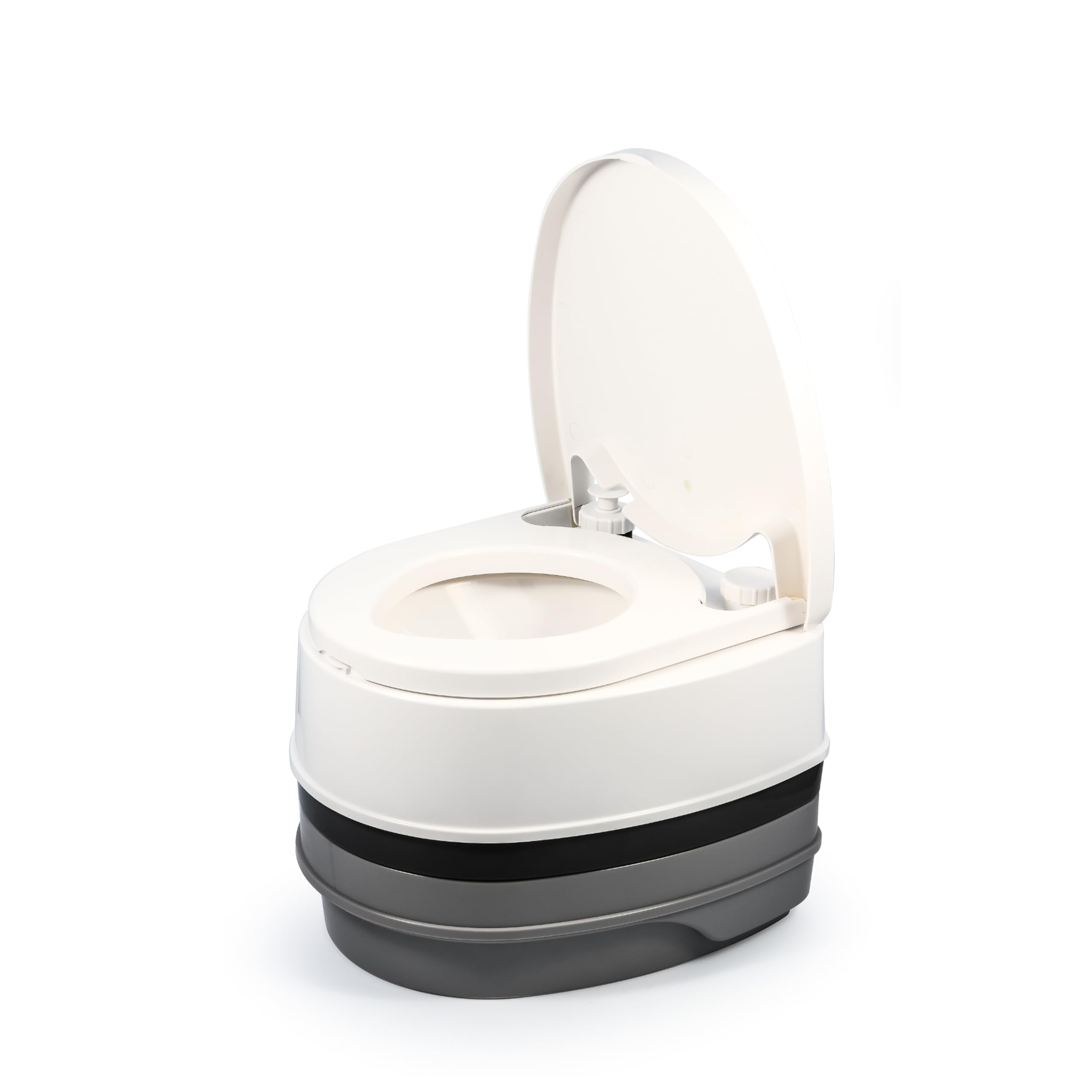 Camco Premium Portable Travel Toilet - 2.6 Gallon Capacity with 3-Way Flush & Swivel Dumping Elbow | Lightweight & Compact for Camping, RV Trips & Emergency Use (Model 41535)