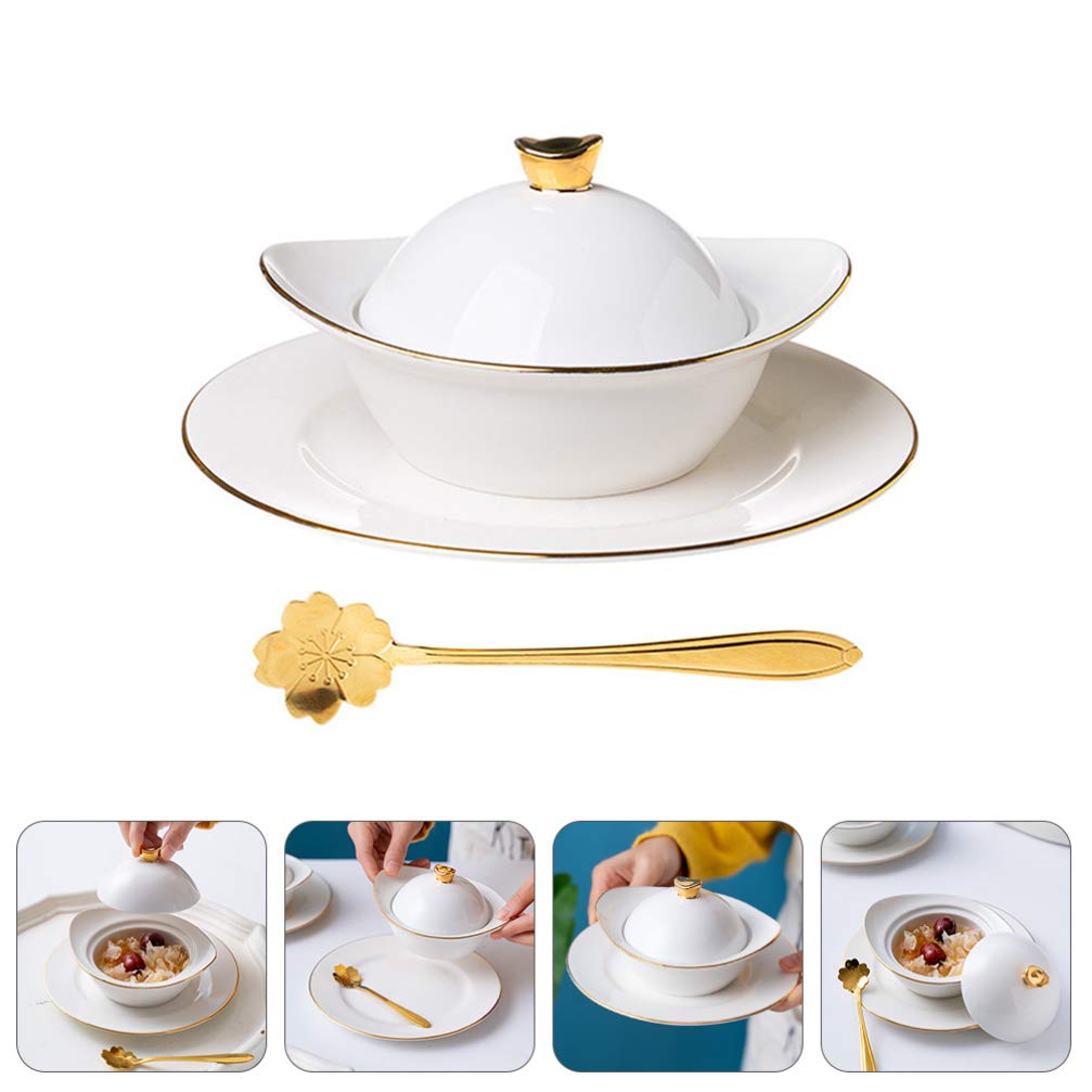 DOITOOL Ceramic Soup Bowl with Lid - 16oz Porridge Bowl with Spoon, Sauce Dish & Steaming Egg Cup - Microwave & Oven Safe for Noodles, Oatmeal, Desserts - Perfect for Home, Kitchen & Restaurant Use