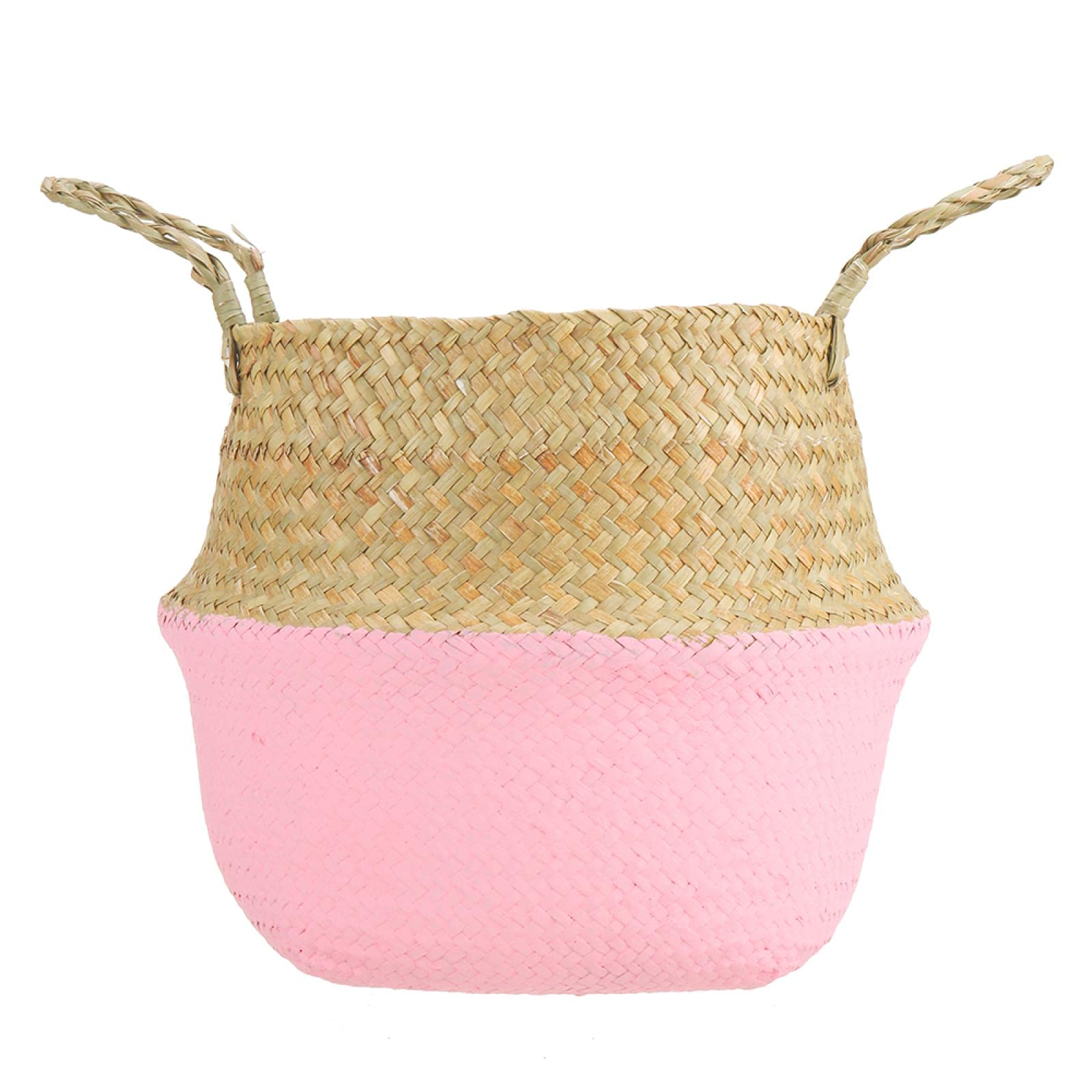 Handmade Seagrass Baskets - Foldable Bamboo Storage Basket for Laundry, Garden, Flower Pot Planter (22x19cm, Pink) | Eco-Friendly Home Decor & Organizer for Bedroom, Bathroom, and Outdoor Use