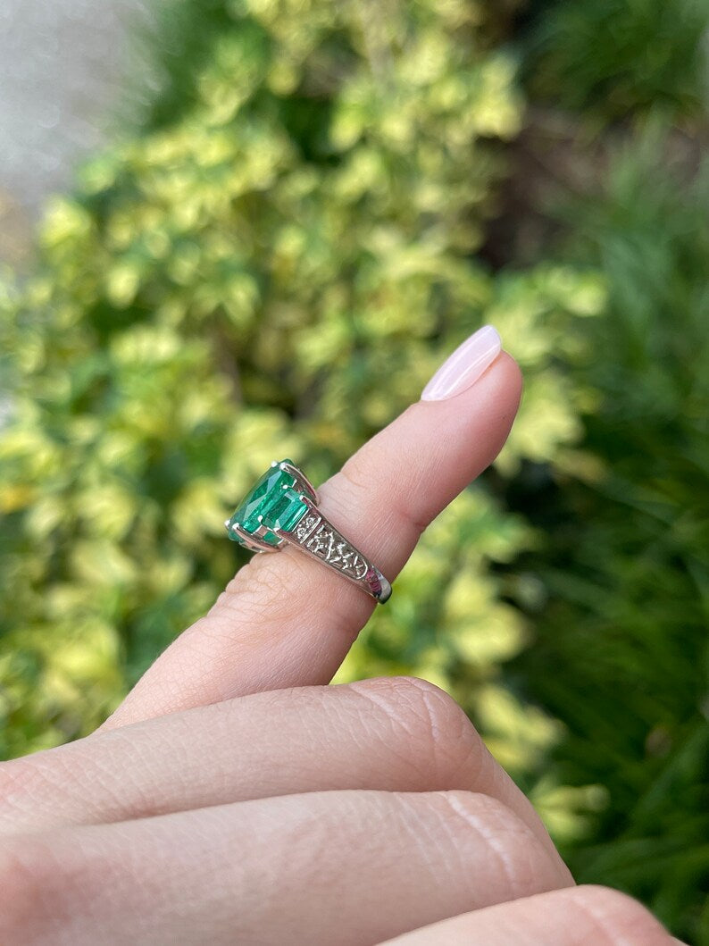 6.07tcw 14K Gold Natural Oval Cut Dark Green Emerald Trilogy 3 Stone Diamond Ring for Women - Elegant Wedding, Engagement & Anniversary Jewelry Gift