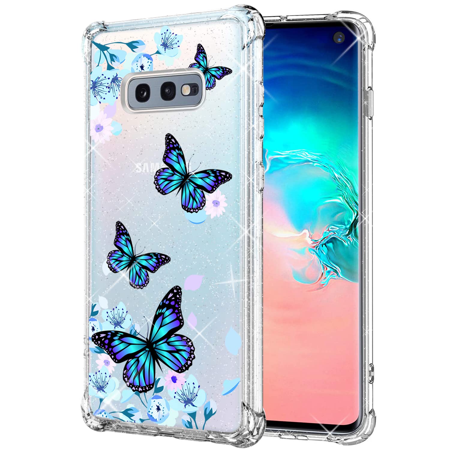 Sparkly Glitter Phone Case for Samsung Galaxy S10E - Bling Luxury Protective Cover with Flower & Butterfly Design, Slim Fit Shockproof Bumper for Women & Girls | Perfect for Parties, Daily Use & Gift Giving