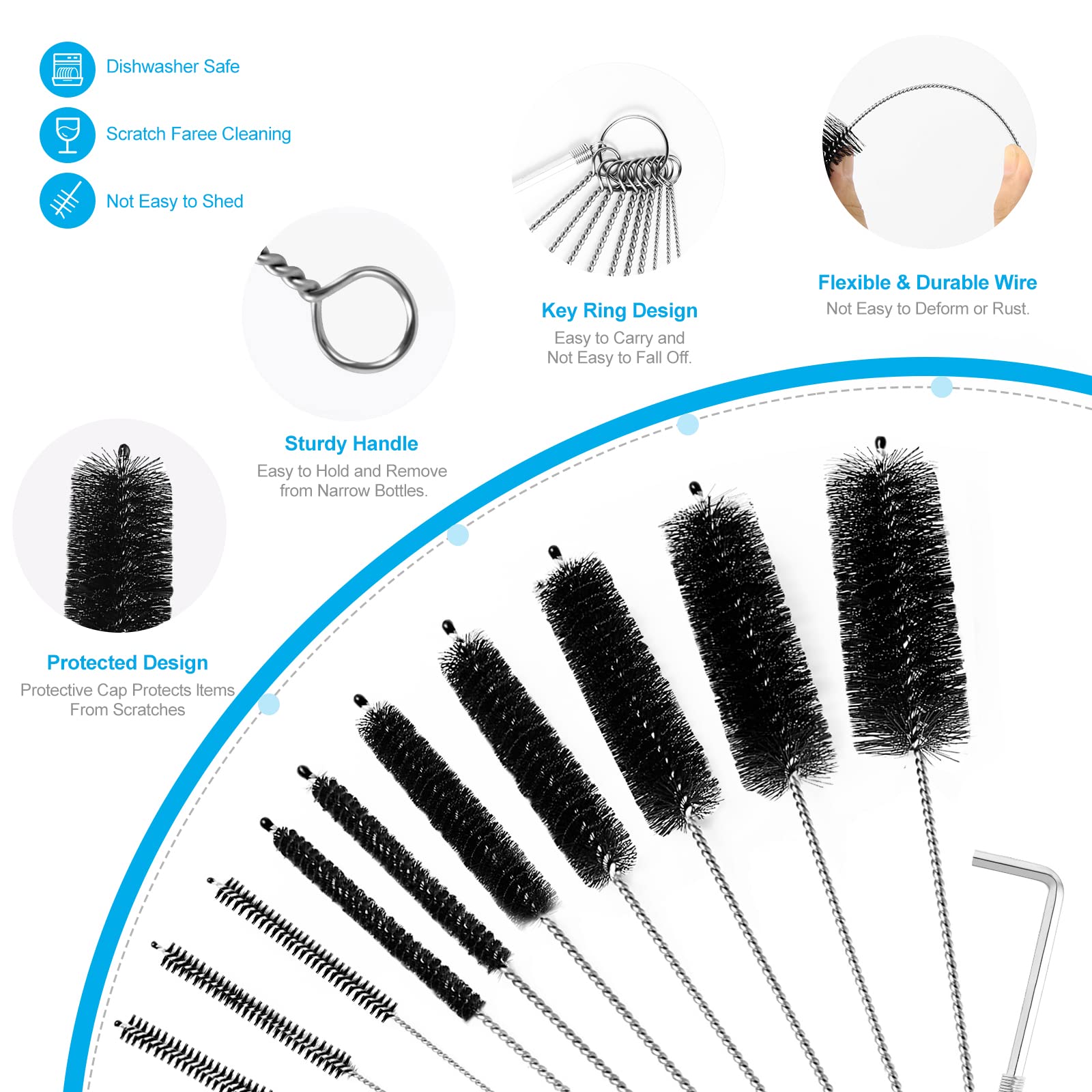 8 Inch Straw Cleaner Brush Set - 11pcs Nylon Bottle & Tube Cleaning Brushes with Allen Wrench - Perfect for Narrow Neck Bottles, Water Bottles, Straws, Baby Bottles & Reusable Drinkware - Black Cleaning Brush Kit