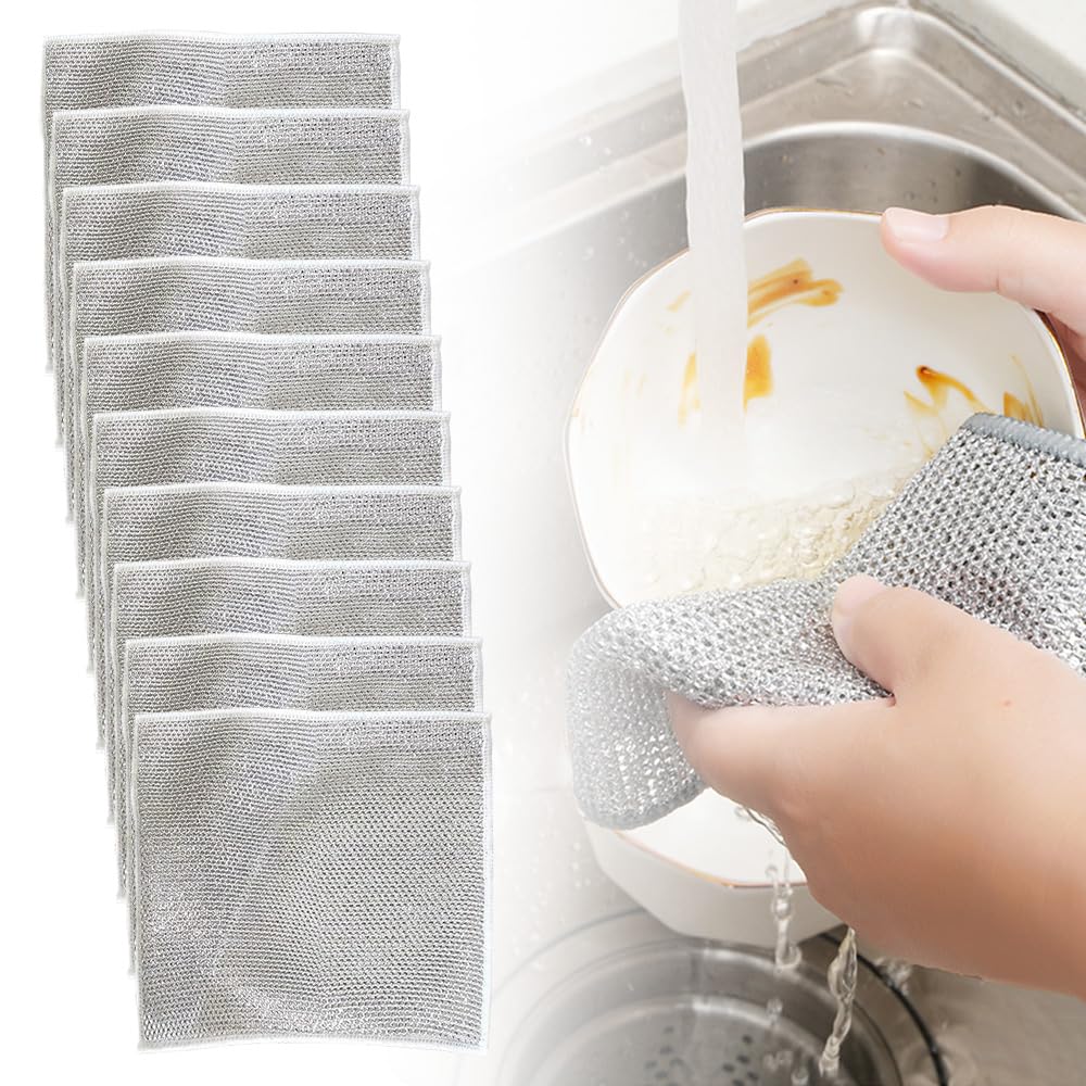 2024 Upgraded Multipurpose Wire Dishwashing Rags - Non-Scratch Metal Scrubbing Cloths for Wet & Dry Cleaning (10 Pack) - Perfect for Pots, Pans, Grills & Stubborn Stains