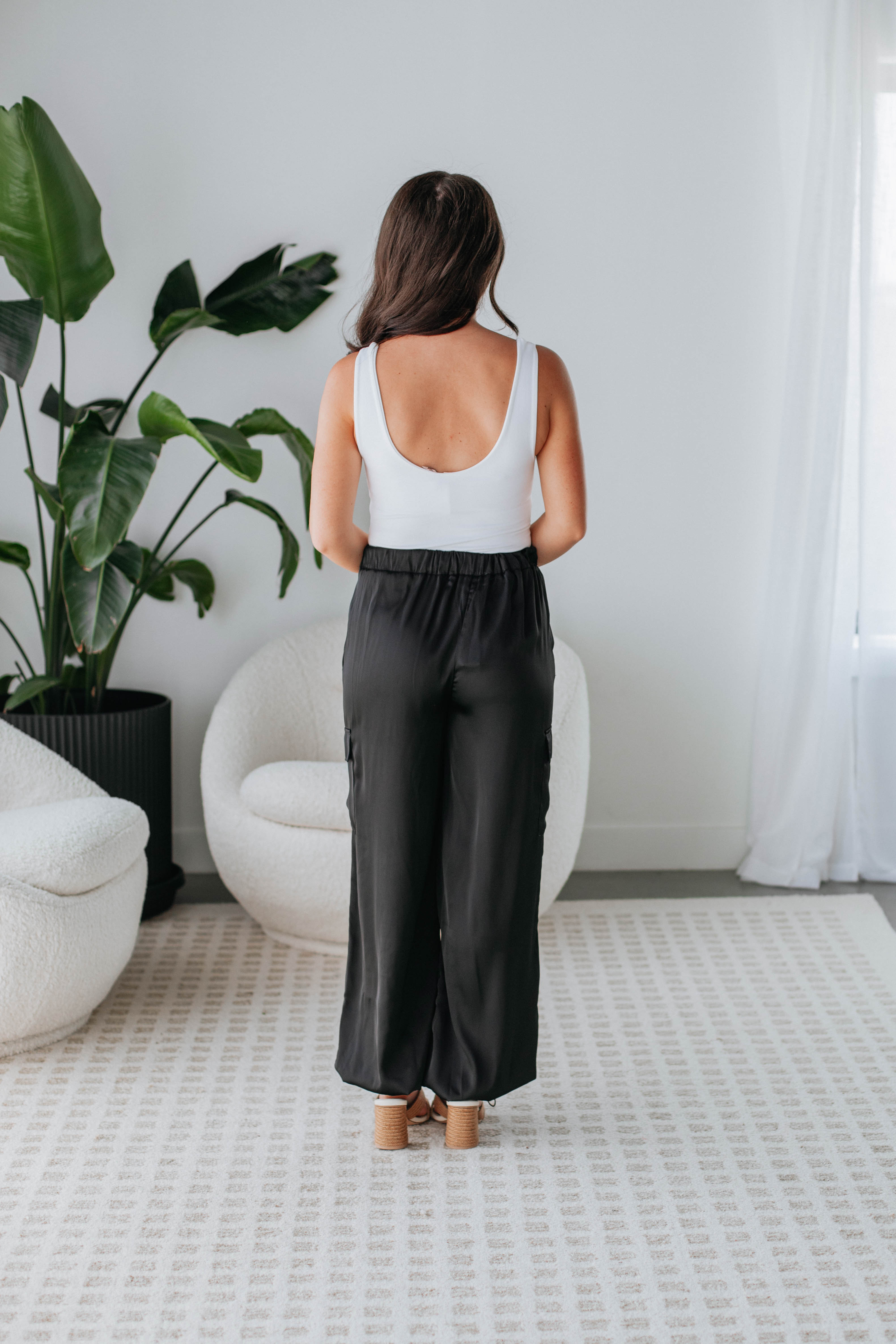 Adara Women's Satin Cargo Pants - High Waist Casual Joggers with Pockets | Black Lounge Pants for Yoga, Travel & Everyday Wear