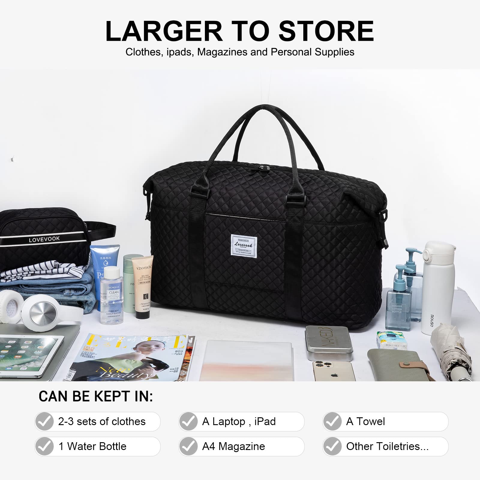 LOVEVOOK Women's Weekender Bag - Stylish Travel Tote, Gym Duffel & Carry On Bag with Free Toiletry Pouch | Perfect for Weekend Getaways, Overnight Trips & Hospital Visits