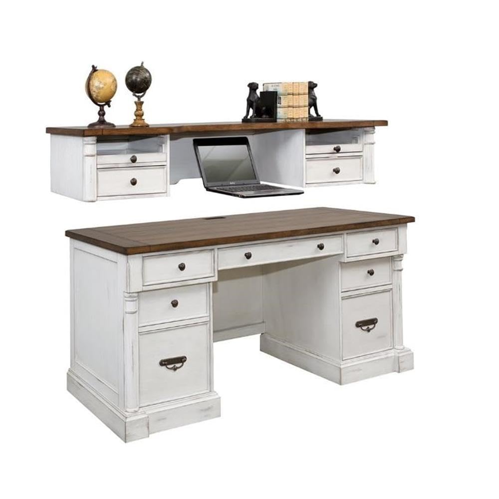 Home Square 2-Piece Computer Desk with Hutch Set in Weathered White - Perfect for Home Office, Study Room & Small Spaces