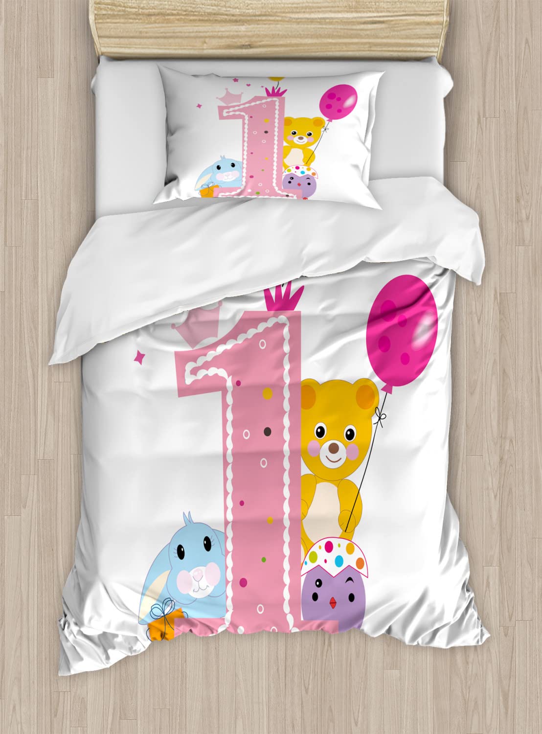 Ambesonne 1st Birthday Duvet Cover Set - Cute Cartoon Girl & Party Cake with Teddy Bear Print - Twin Size 2-Piece Bedding Set (2 Duvet Covers + 2 Pillowcases) - Pale Pink & Hot Pink - Perfect for Kids' Room Decor & Birthday Party Theme Bedding