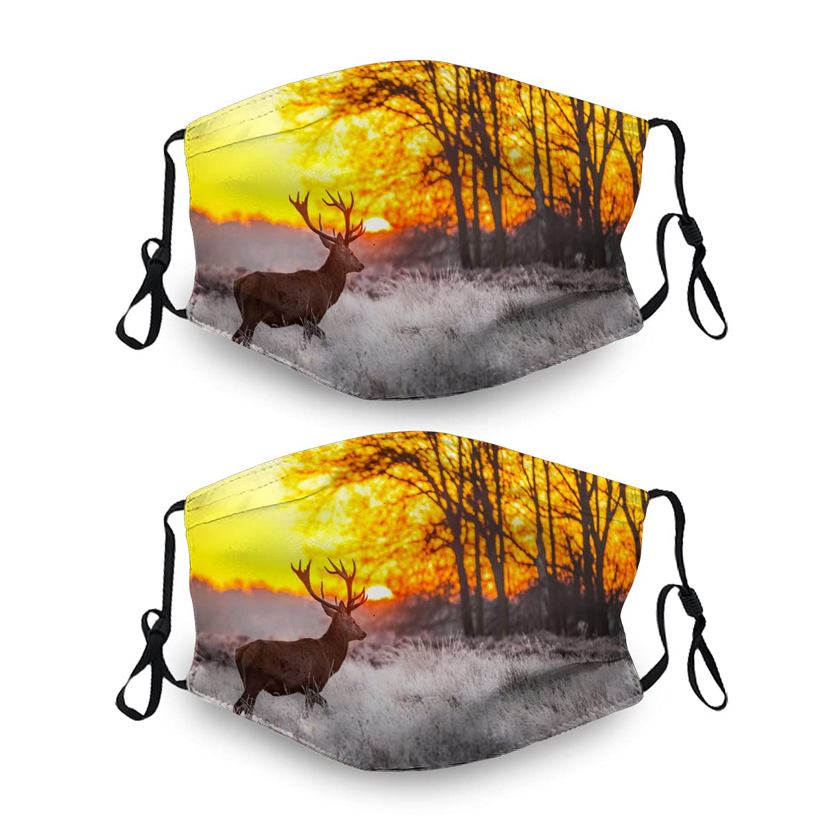 2 Pack Deer Sunset Forest Face Mask with Filters - Washable & Reusable Bandana Balaclava for Men & Women - Outdoor Hiking, Cycling, Camping Protection