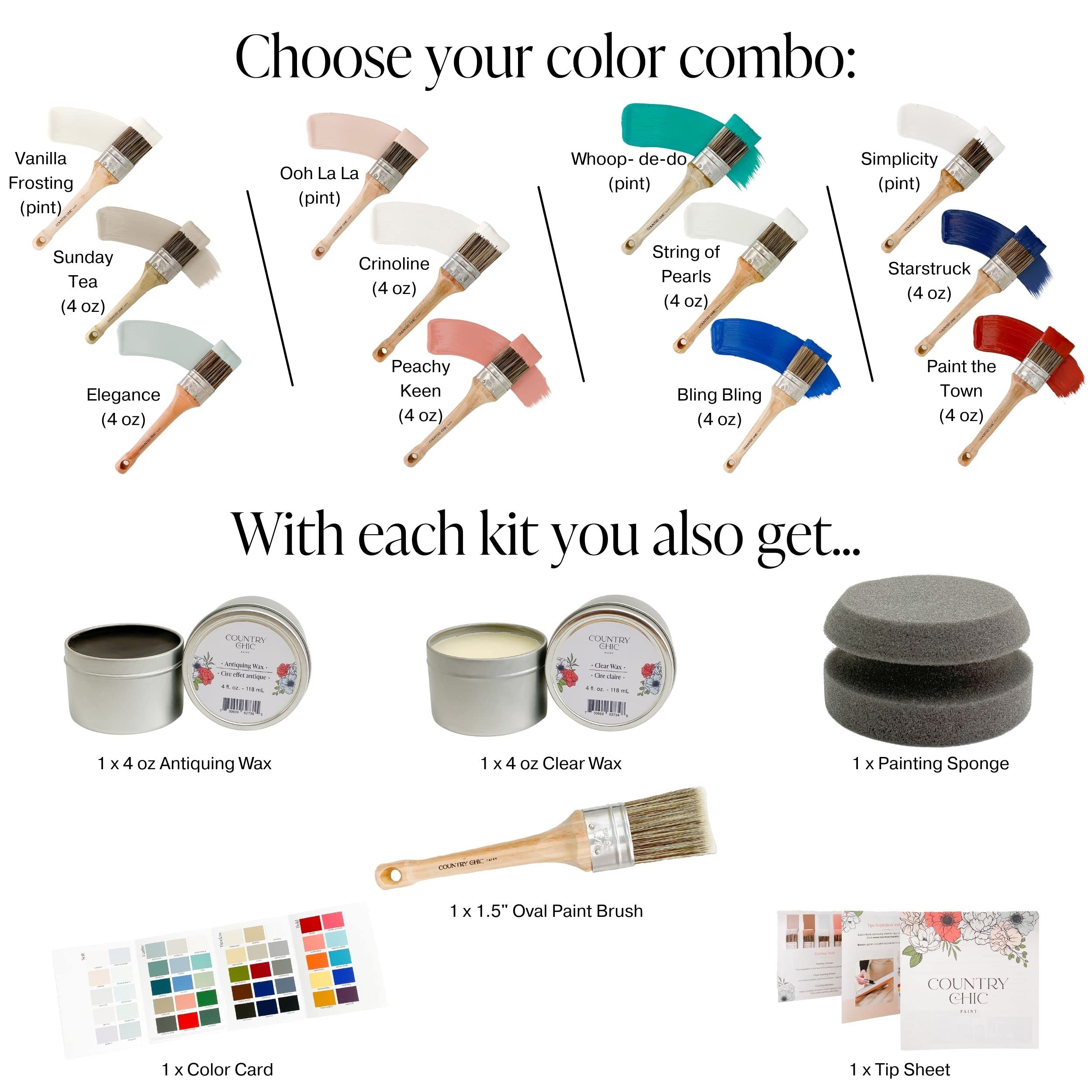 Country Chic Paint Large Painting Kit for Beginners - Chalk Furniture Paint, Brush & Wax Bundle (White 16oz, Navy Blue 4oz, Red 4oz) - DIY Home Decor, Furniture Makeover, Craft Projects for Tables, Chairs & Cabinets