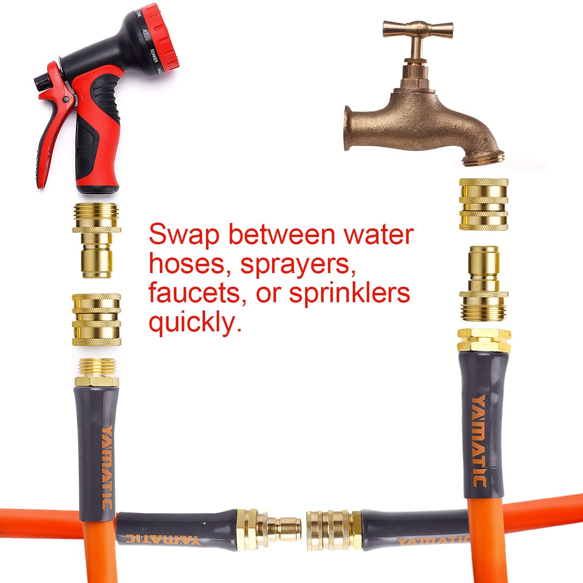 YAMATIC 5/8 Inch x 75 Feet Heavy Duty Garden Hose with Solid Brass Quick Connect Set - Perfect for Watering Lawns, Washing Cars, and Outdoor Cleaning