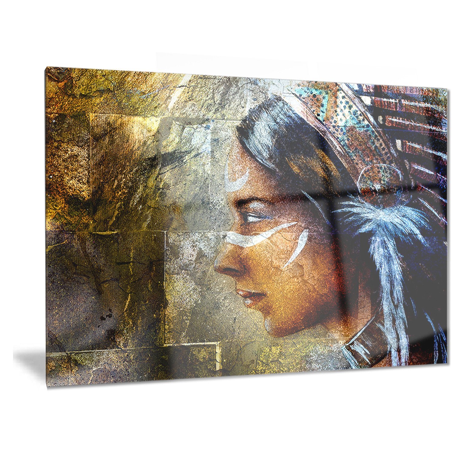 Designart Indian Woman with Headdress Portrait Metal Wall Art - MT6276 - 40x30 Inches - Handcrafted Bohemian Home Decor for Living Room, Bedroom & Office