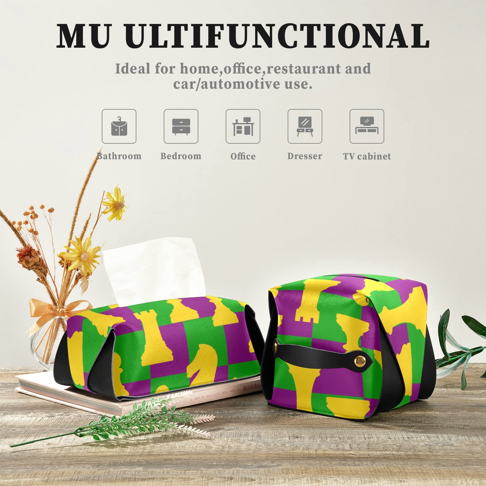 PU Leather Mardi Gras Chess Tissue Box Cover with Handle - Decorative Square Tissue Box Holder for Office, Bedroom, Bathroom | Perfect for Home Decor & Gift Giving