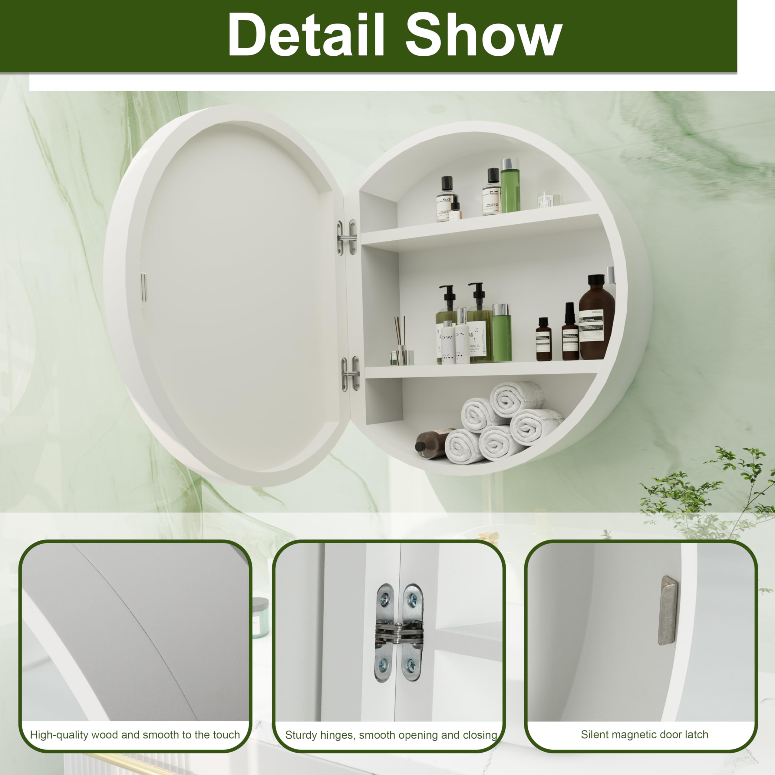 Round Medicine Cabinet Mirror with Shelf - Bathroom Wall Mounted Storage Cabinet with Vanity Mirror, Surface Mount Above Toilet Organizer (White) - Perfect for Small Bathrooms, Powder Rooms & Apartment Living