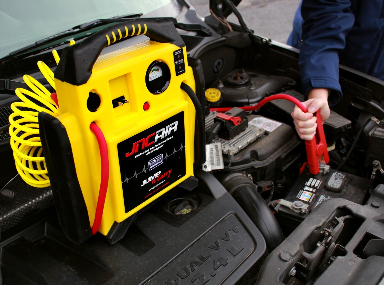 Clore Automotive Jump-N-Carry JNCAIR 1700 Peak Amp Portable Car Jump Starter with Built-in Air Compressor - Emergency Vehicle Battery Booster for Cars, Trucks, SUVs & Powering Small Appliances